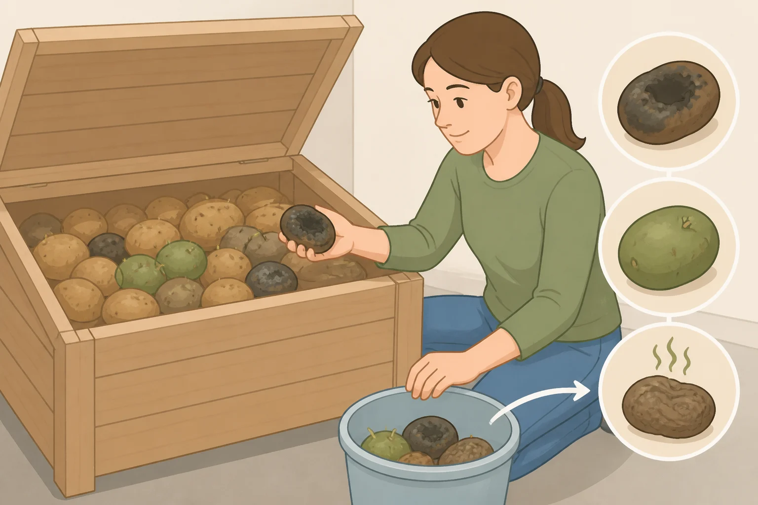 Illustration of someone weekly inspecting a potato storage bin and removing a soft, moldy tuber and overly green potatoes to prevent decay from spreading