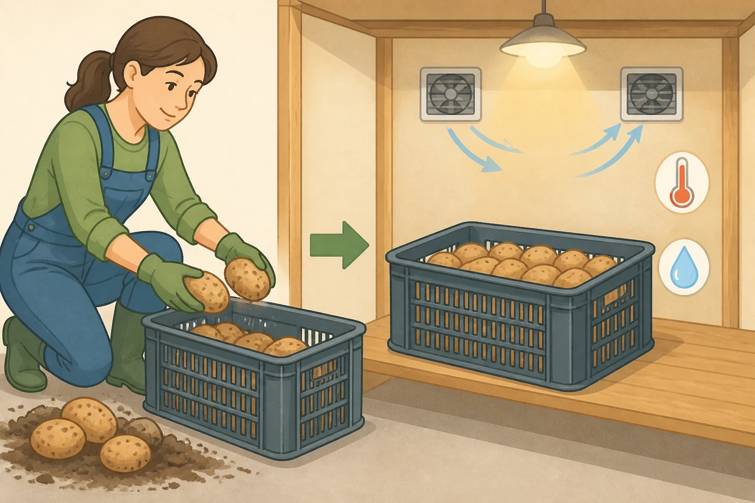 Illustration of potatoes curing in a ventilated box in a basement corner with a thermometer and humidity gauge showing the recommended curing range