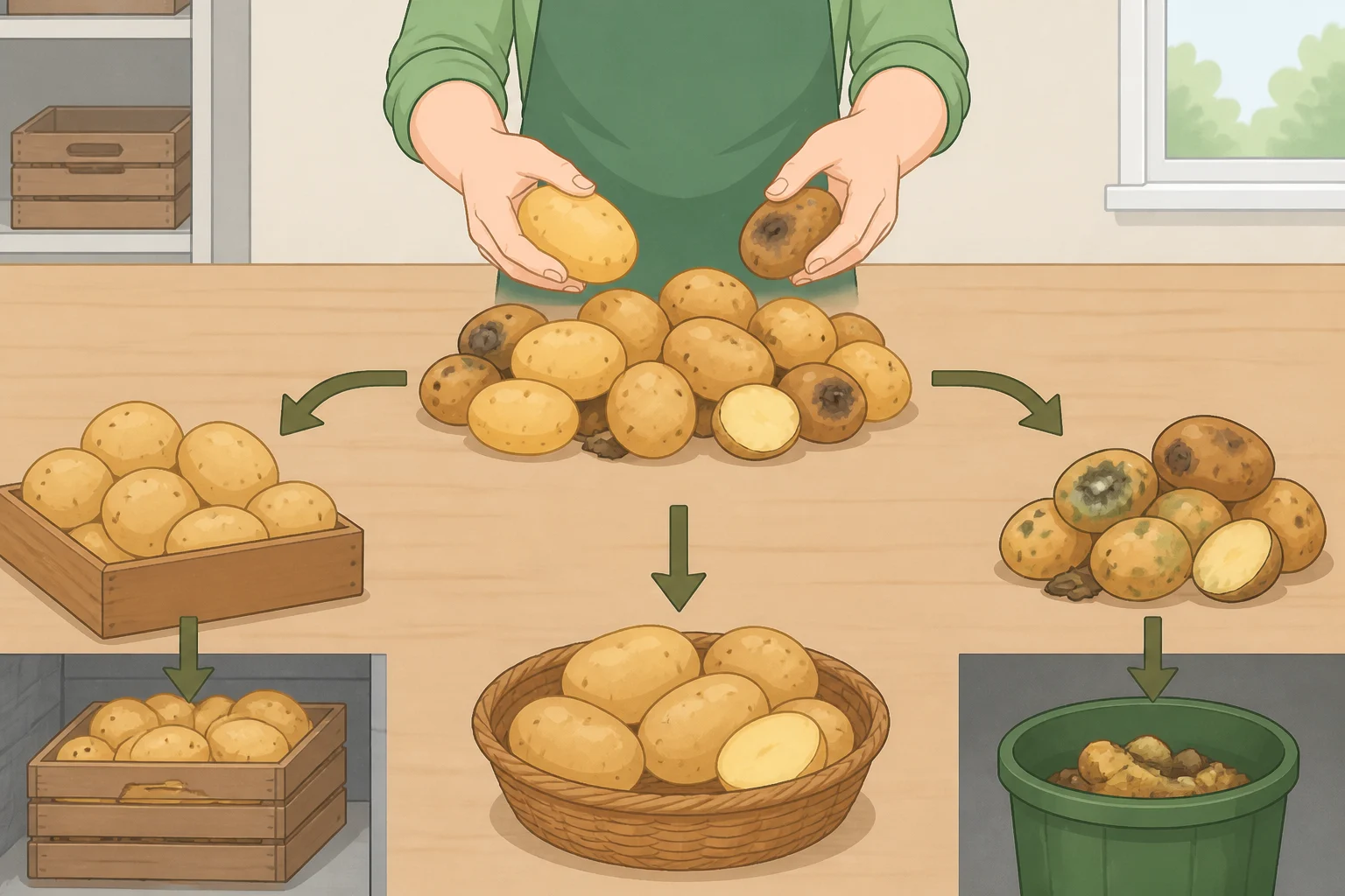Illustration of two bins for sorting potatoes: one labeled for long-term storage and another for the use-this-week pile with damaged potatoes removed—key for how to store potatoes long term