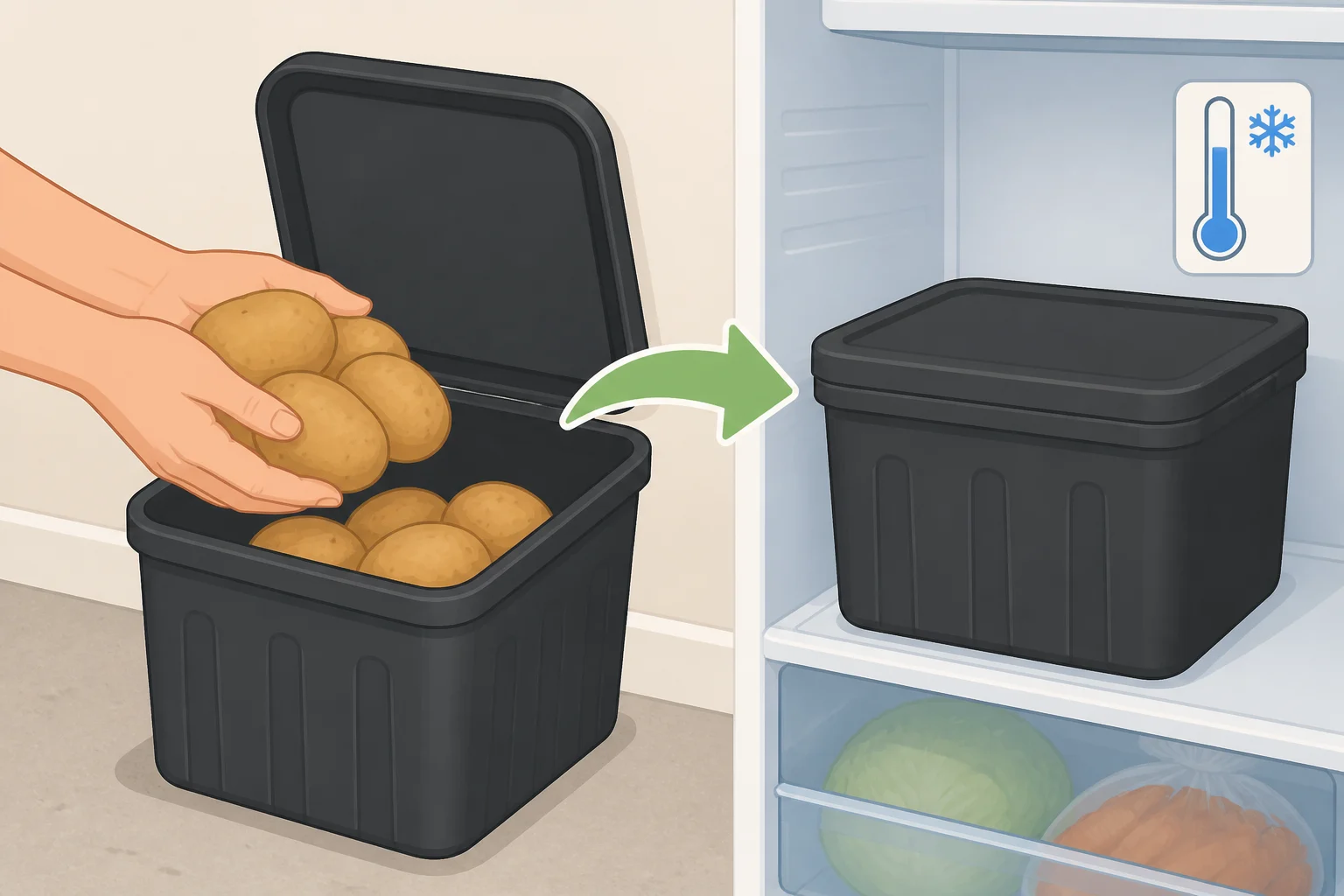 Illustration of a dark, lightly enclosed cardboard box with potatoes placed in a refrigerator drawer set to 40–46°F, showing airflow and preventing condensation