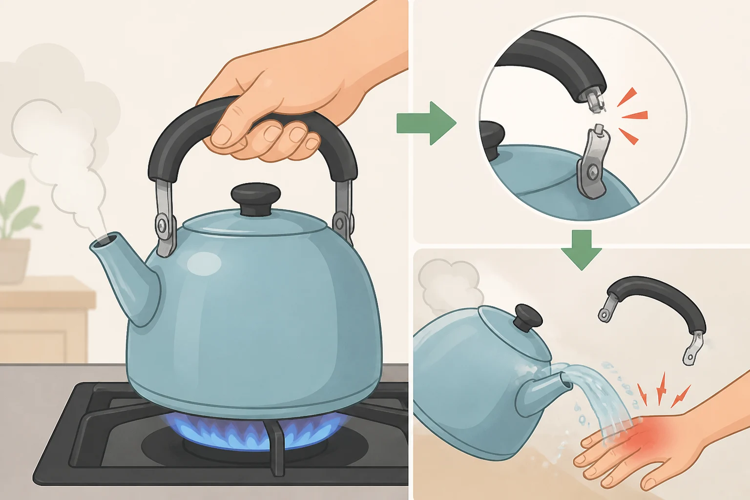 Safety diagram of the Zwilling Enfinigy electric kettle handle defect (MAX 1.5 L label area shown) to illustrate potential hot-water spill and scalding risk
