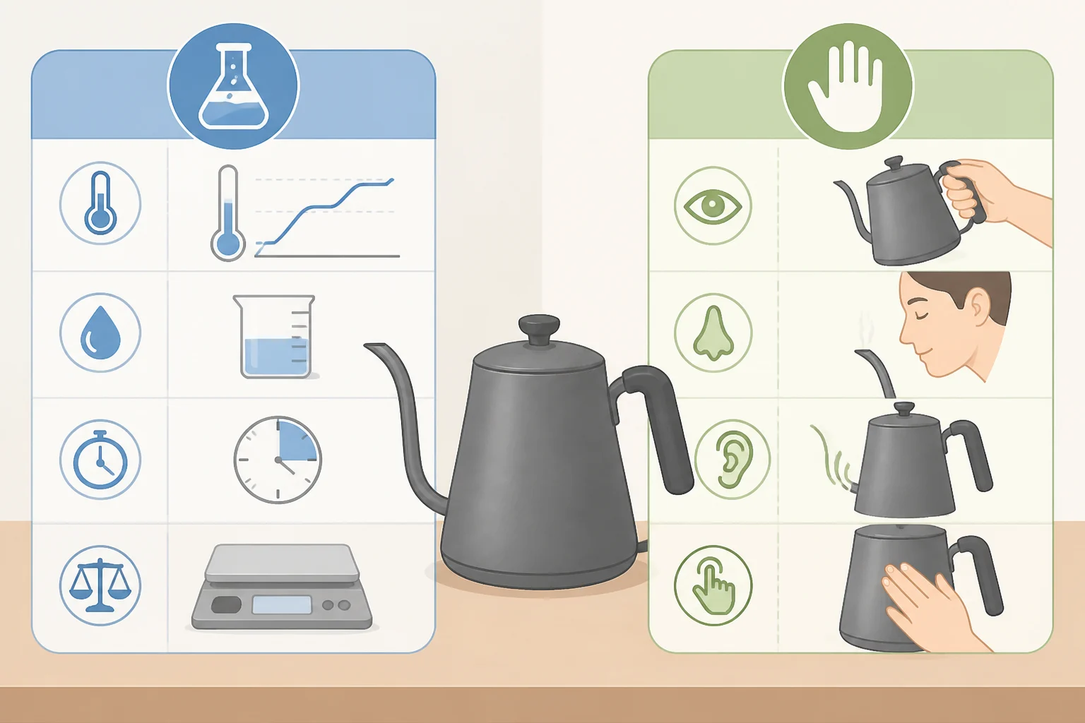 Comparison graphic of Consumer Reports vs Bon Appétit electric kettle testing criteria, including boil time, heat retention, cleaning ease, temperature accuracy, and pour performance