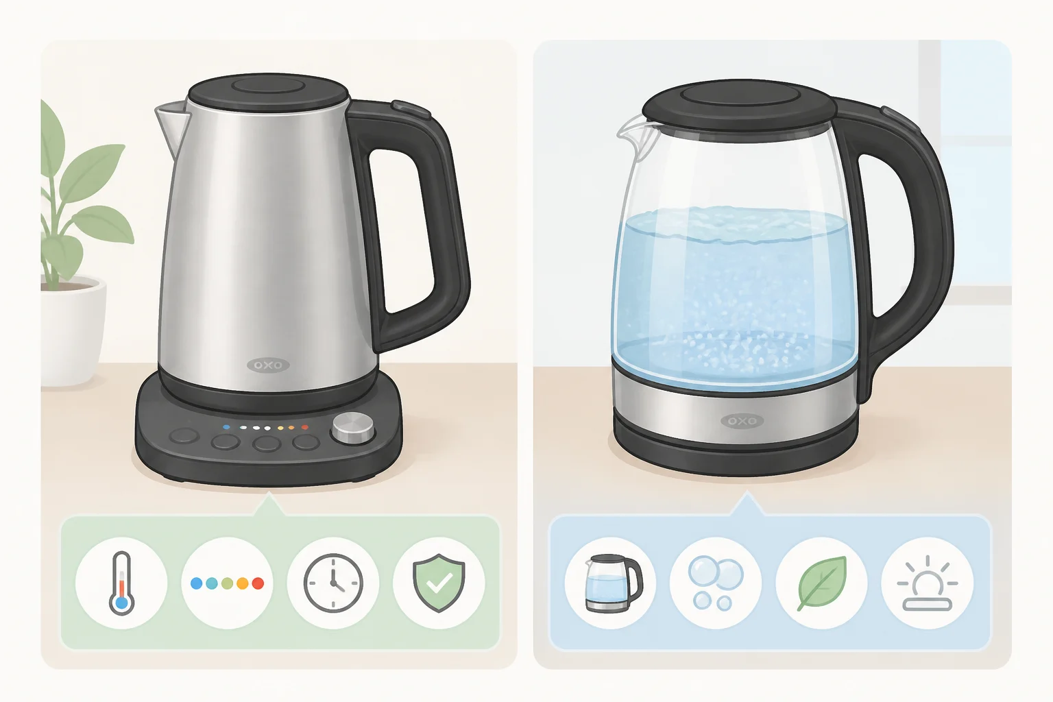 Split illustration comparing OXO Variable Temperature Electric Kettle with single-degree control and OXO glass kettle, highlighting differences in temperature range, keep-warm behavior, and cleaning
