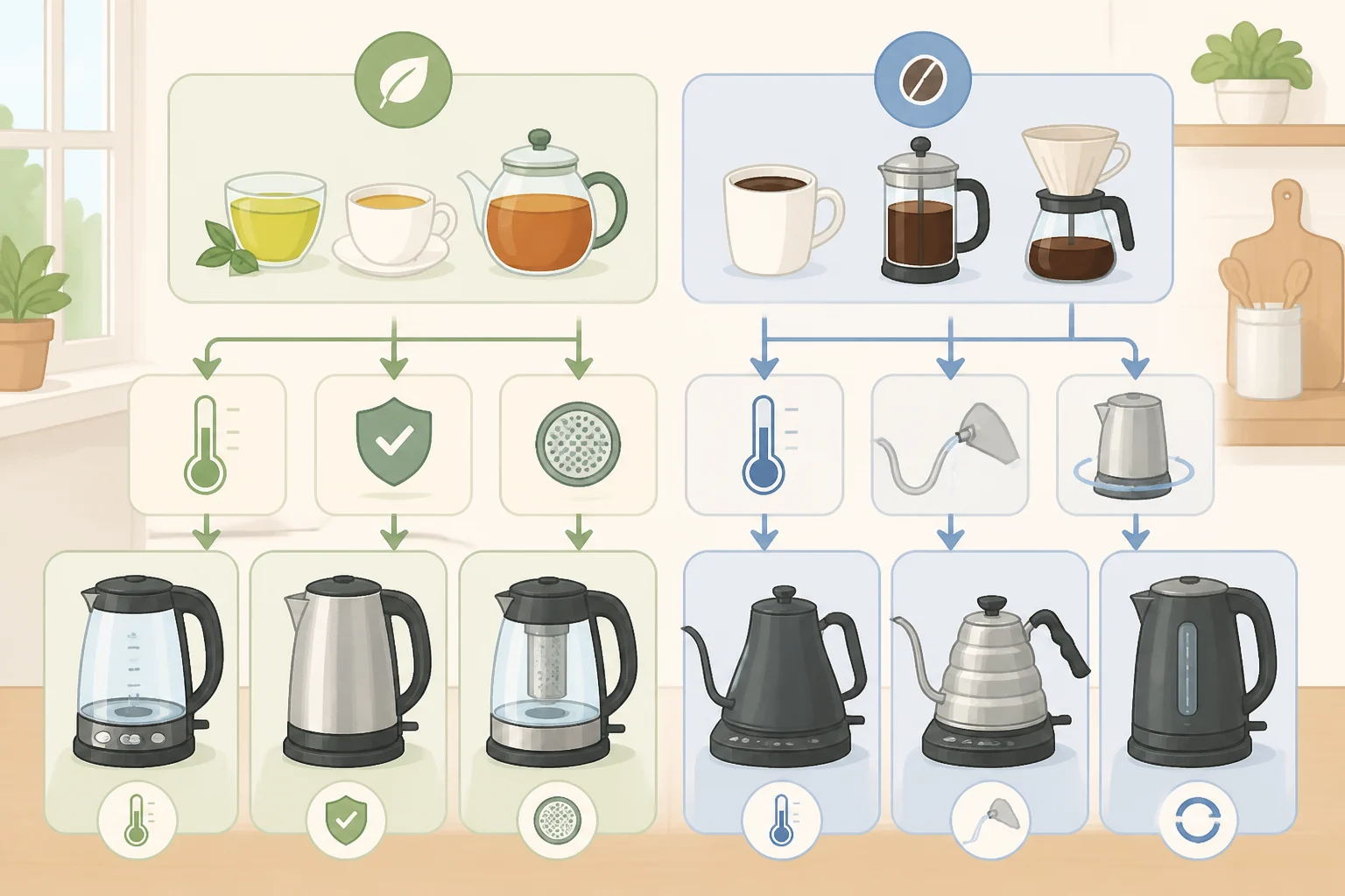 Infographic mapping the best electric kettle brands ranked to use cases like precise temperature control, pour-over gooseneck brewing, heat retention, and preset temperatures