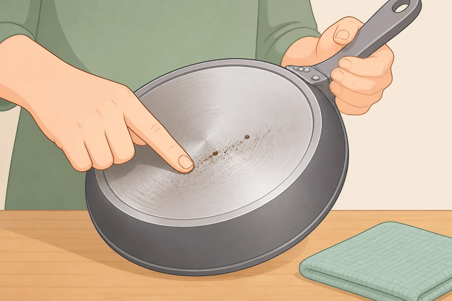 Close-up of a hand fingertip testing the base of a pot for grit and burned-on residue before setting it on a glass cooktop
