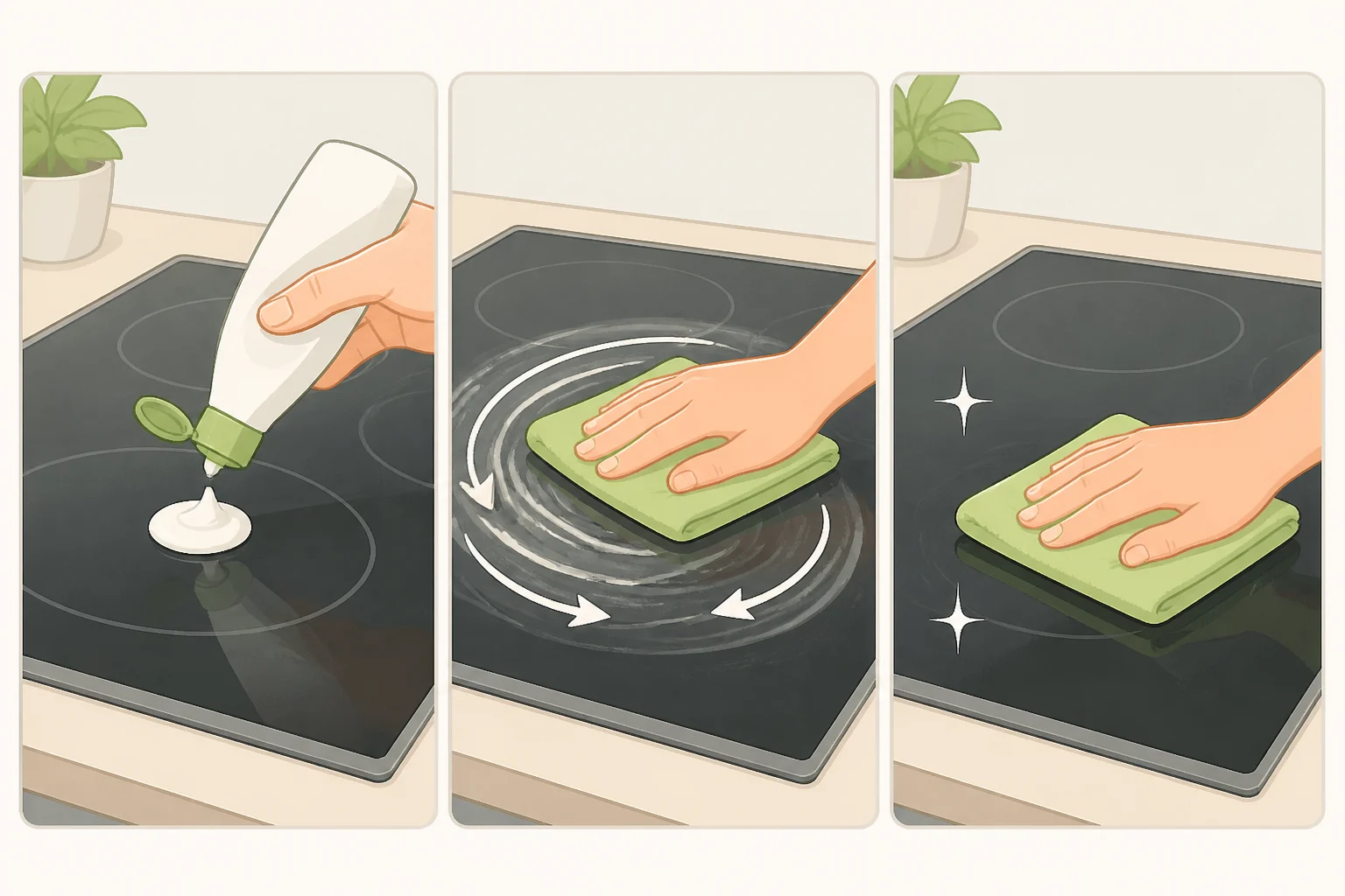 Cooktop cleaner applied in a circular pattern with a dry microfibre cloth, followed by wiping with a damp cloth and drying with a towel