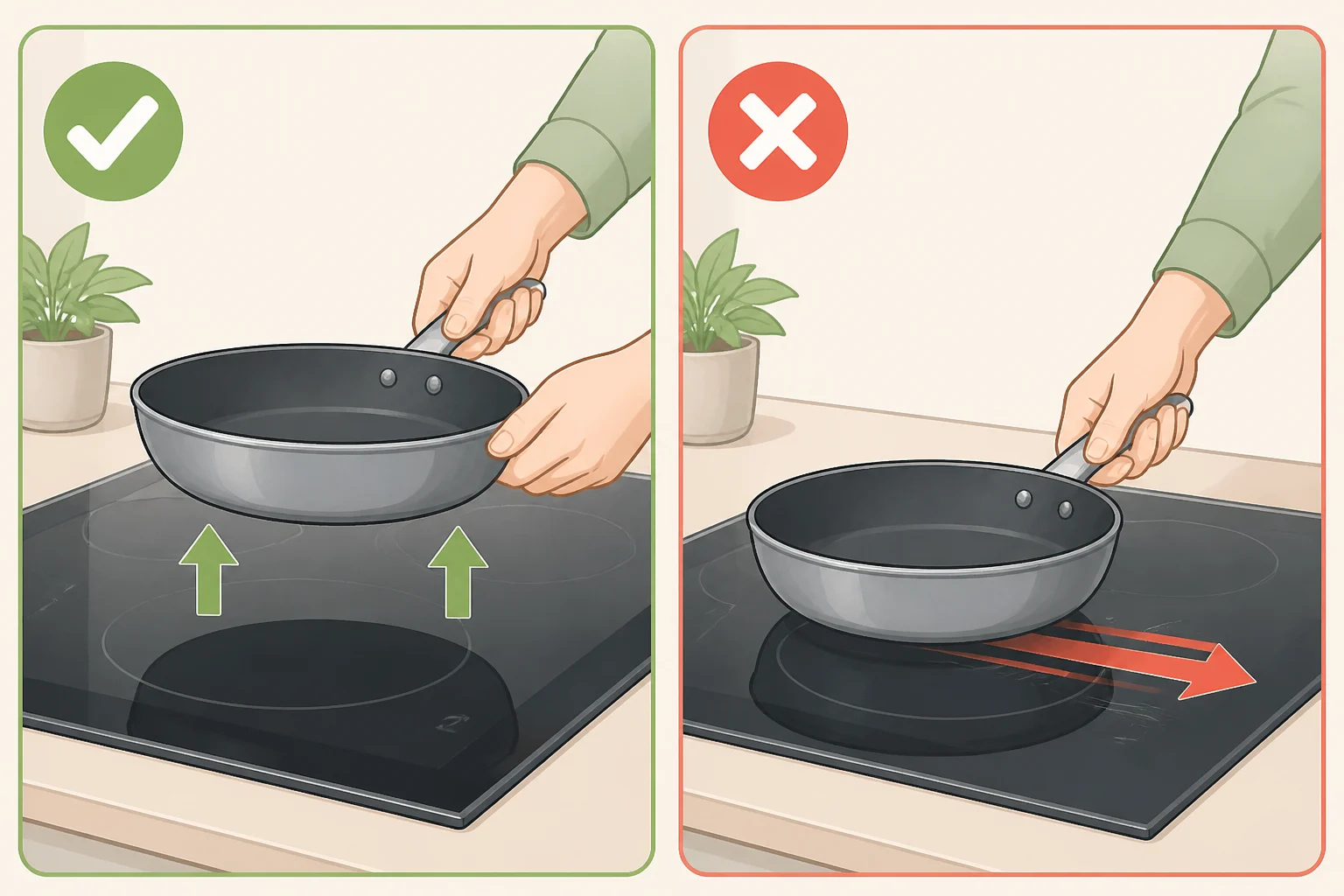 Pan being lifted and repositioned rather than dragged across the glass cooktop to illustrate how to keep a glass cooktop from scratching