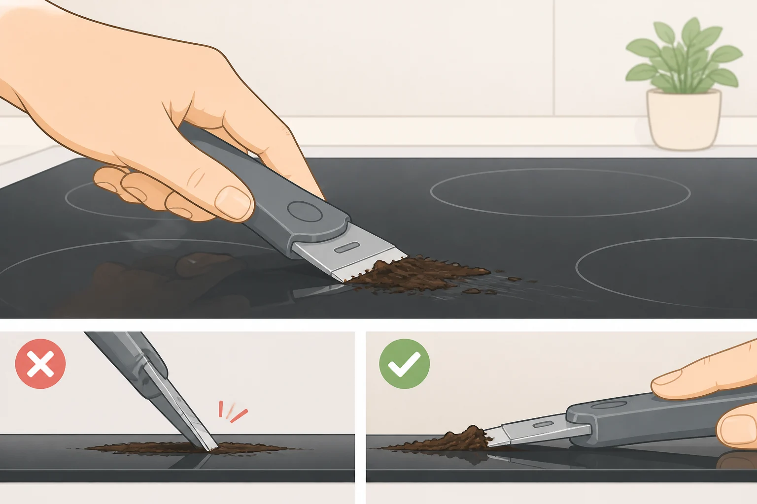 Low-angle glass-ceramic scraper lifting burnt-on residue from a glass cooktop surface without gouging