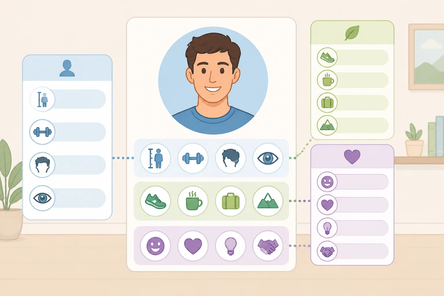 Illustration comparing multiple Amazon 'About You' label types, including physical and lifestyle claims such as 'cannot keep real plants alive' and friendship-related judgments