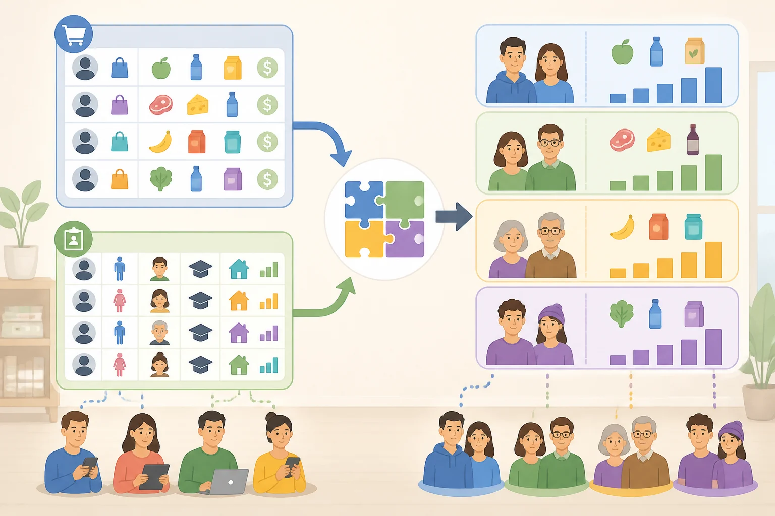 Diagram showing aggregated Amazon purchases linked to shopper surveys, explaining how population-level correlations can be strong even when individual inferences are uncertain