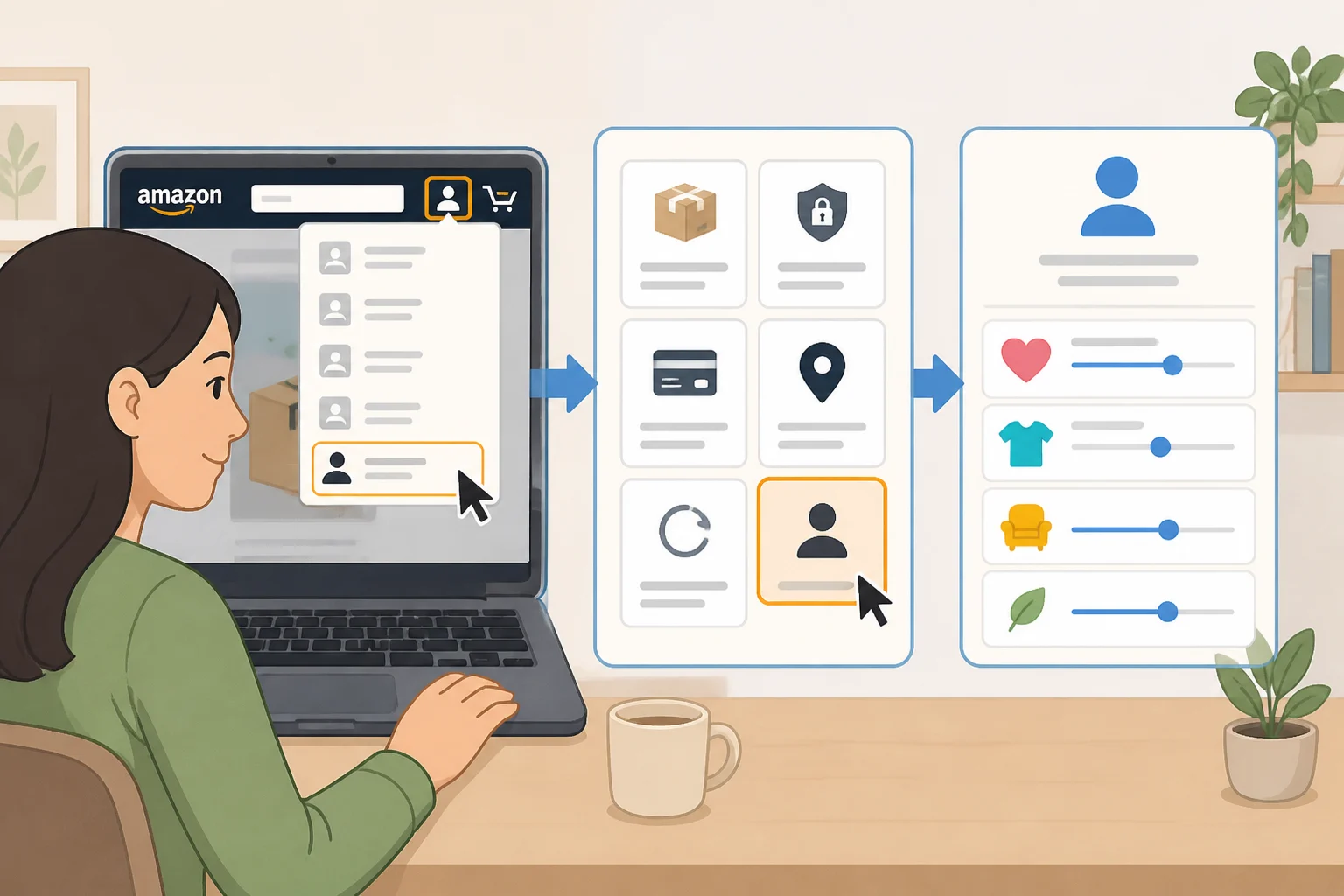 Screenshot-style illustration of Amazon account settings leading to the 'About You' section under Your Shopping preferences