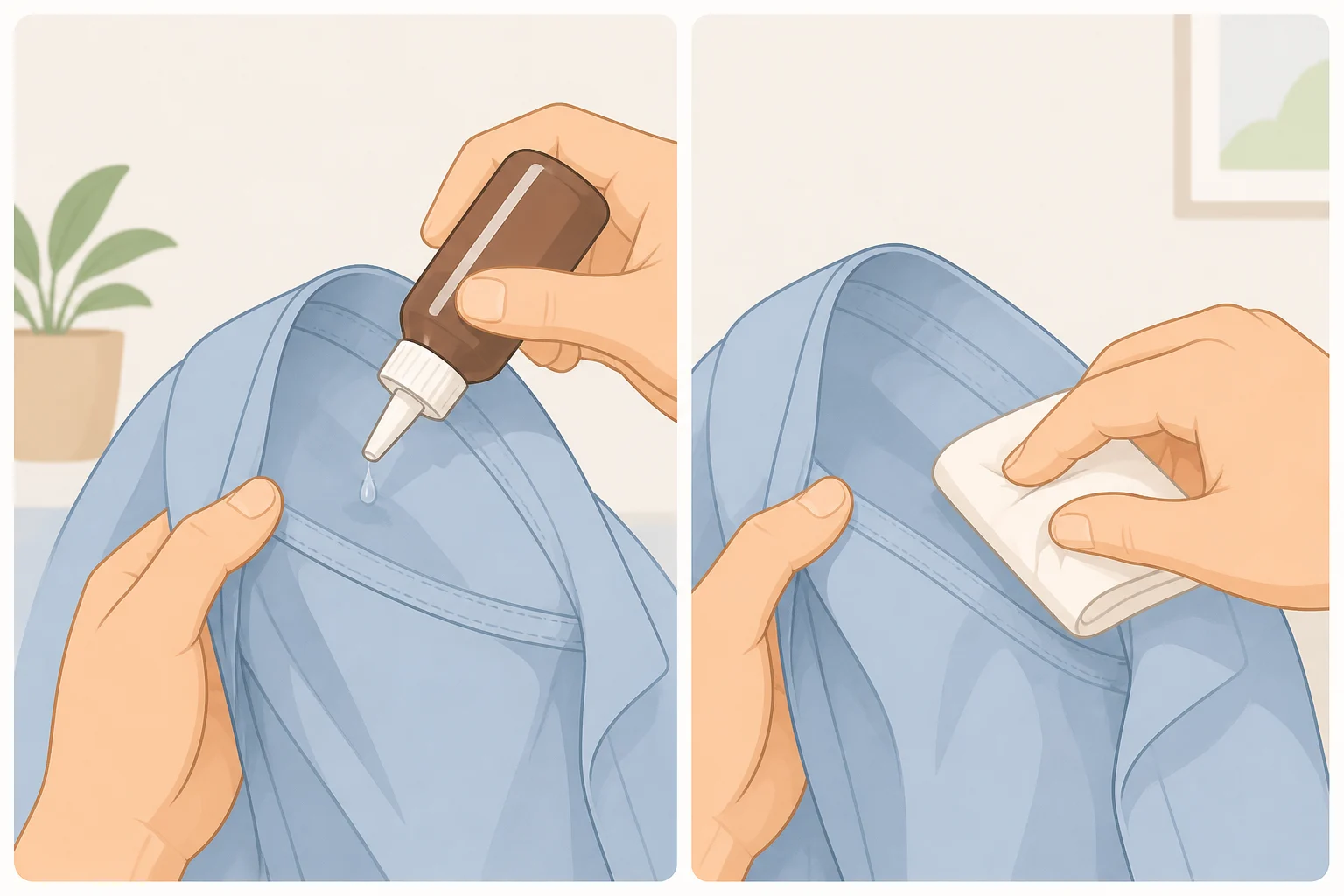 Illustration of a person spot-testing 3% hydrogen peroxide on an inside seam of a heat-set blood stain before treating the visible area