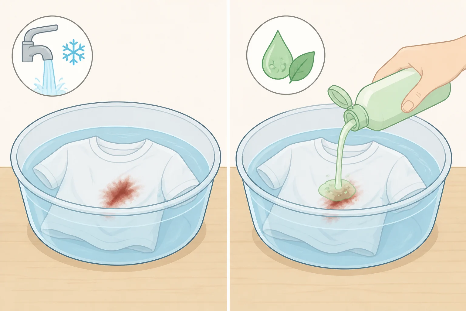 Illustration of a dried blood stain garment soaking in cool water for 30 minutes, followed by a hand applying an enzyme pretreator before washing