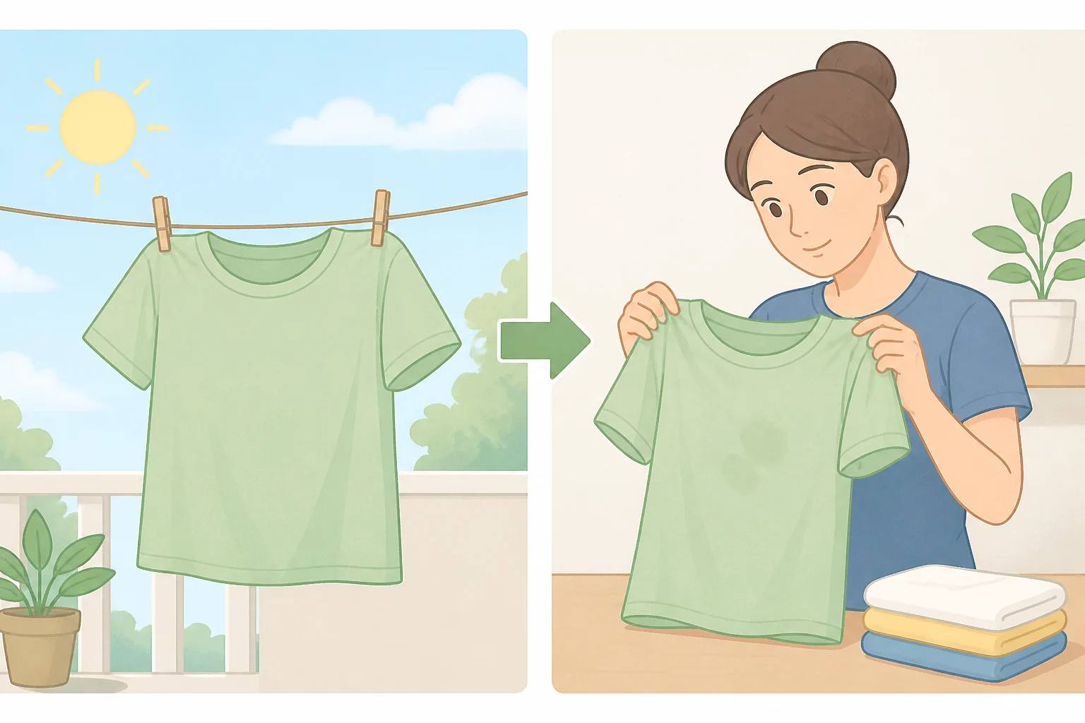Illustration of a blood-stain-treated garment laid out to air-dry, then checked in daylight before deciding whether to repeat enzyme or bleach steps