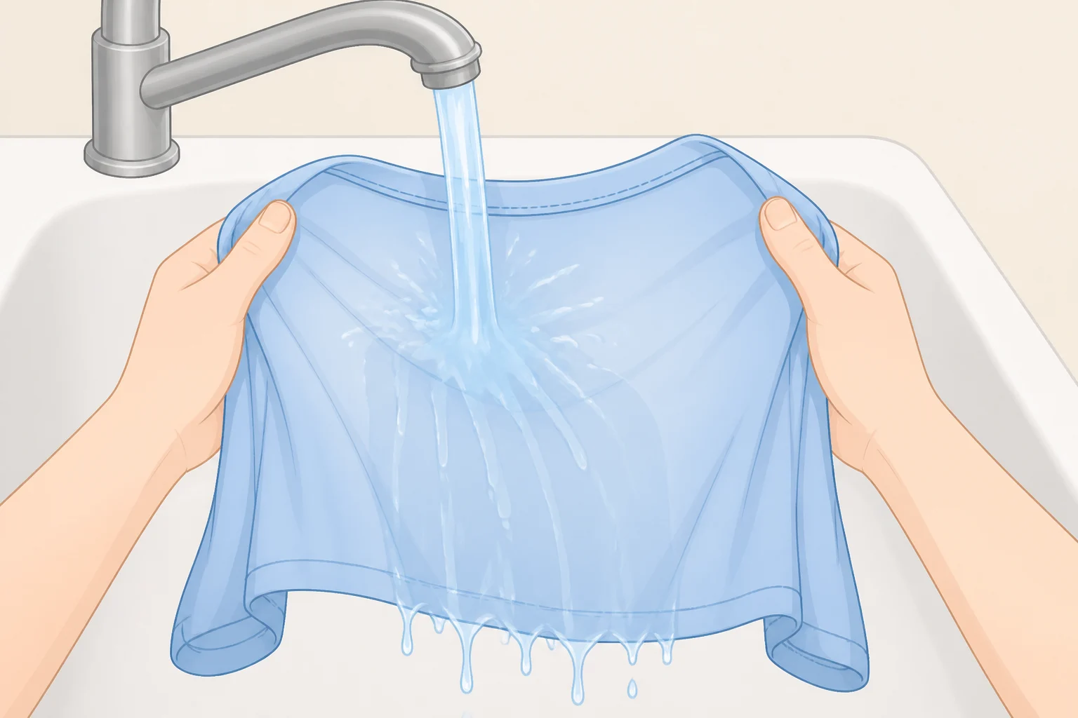 Illustration of reverse-side cold water rinsing a blood-stained shirt so blood is pushed out of the weave instead of set in; for how to get blood stains out of clothes, always start with cold water