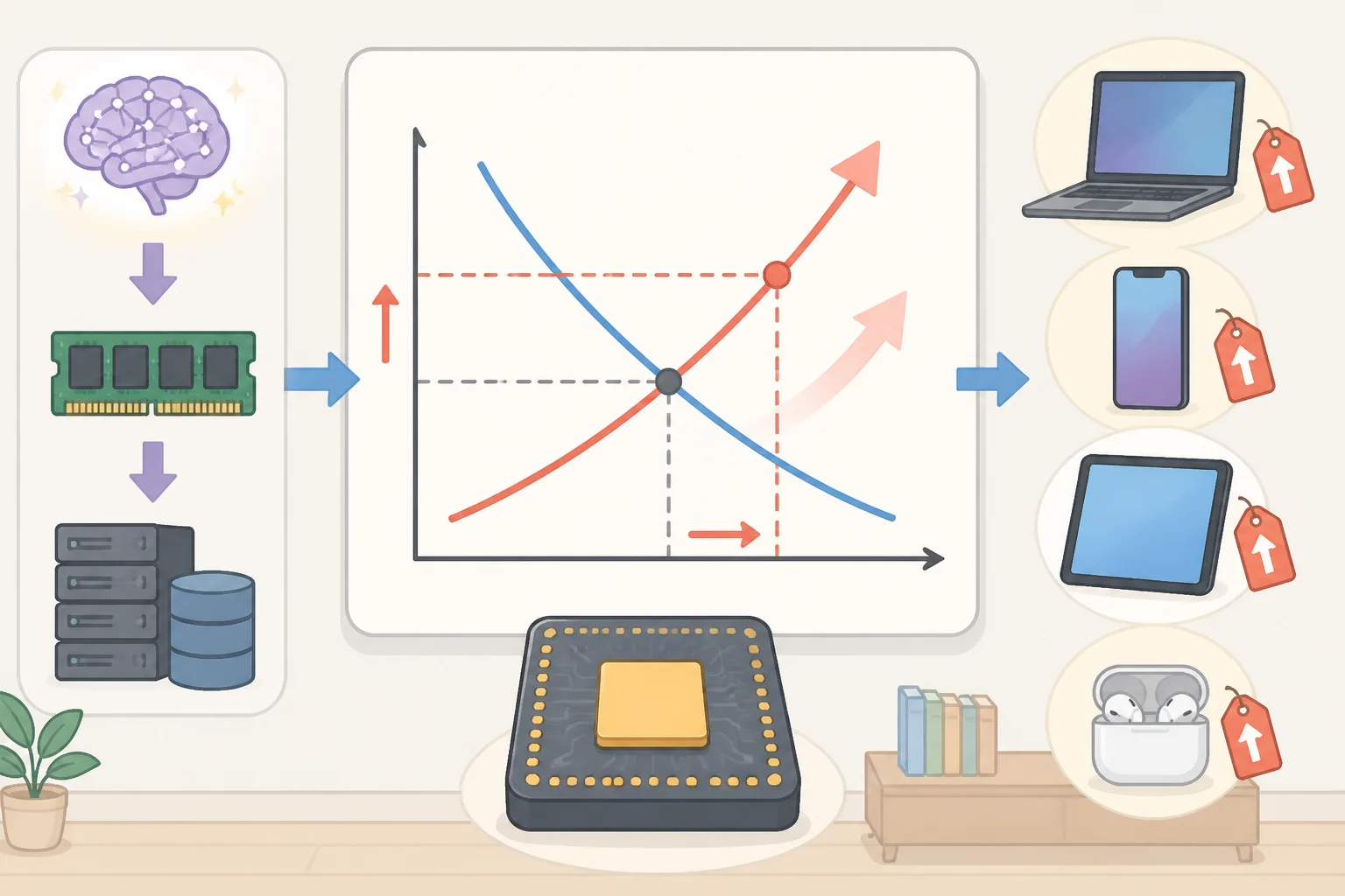 Illustration of a 2026 price-trend chart where increased AI demand for memory and storage chips pushes up costs for electronics that are early holiday tech deals worth it