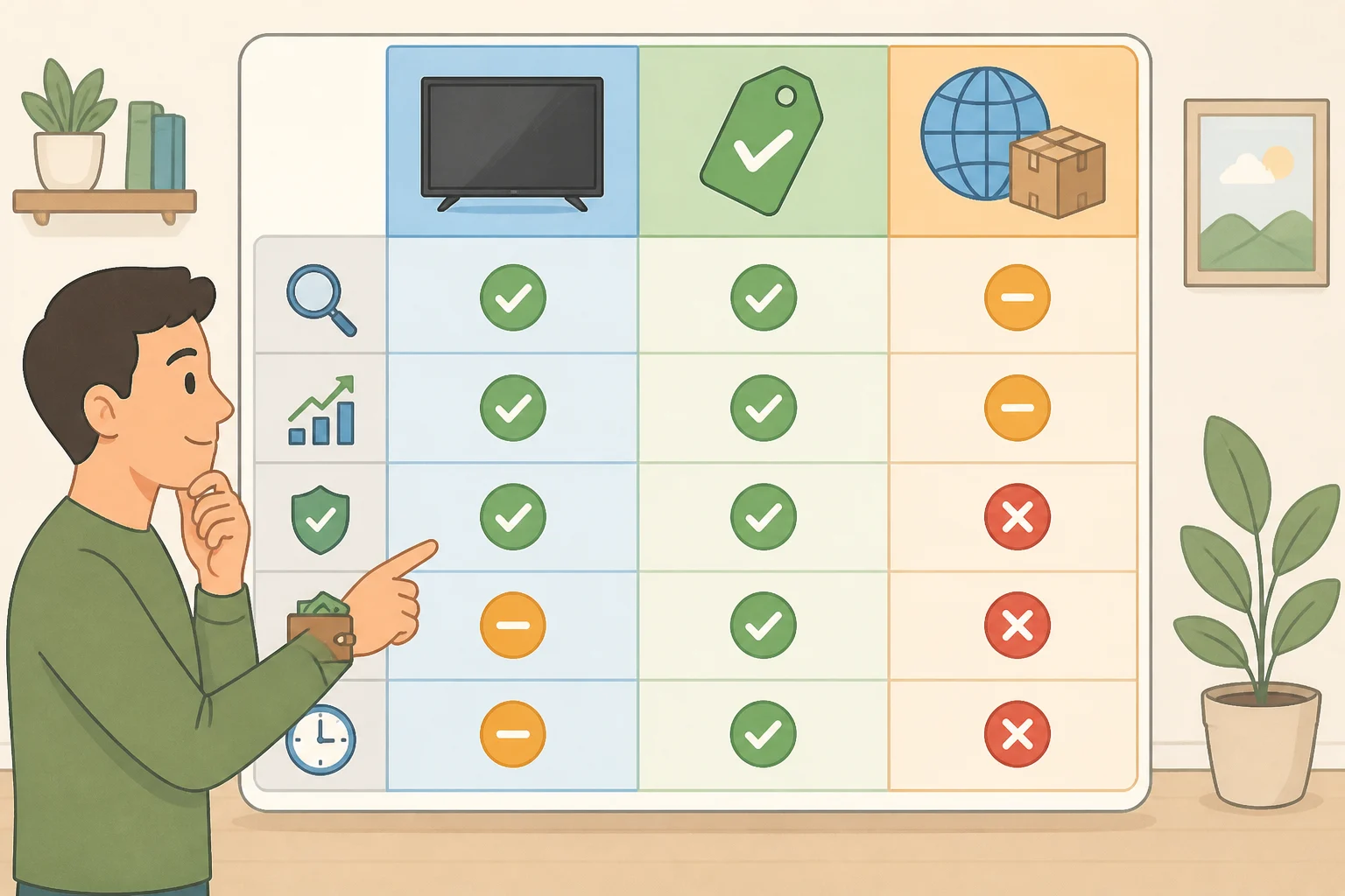Illustration of a three-row verdict matrix that explains when to wait for TVs, buy only verified historical-low models, and track laptops tablets and smartwatches