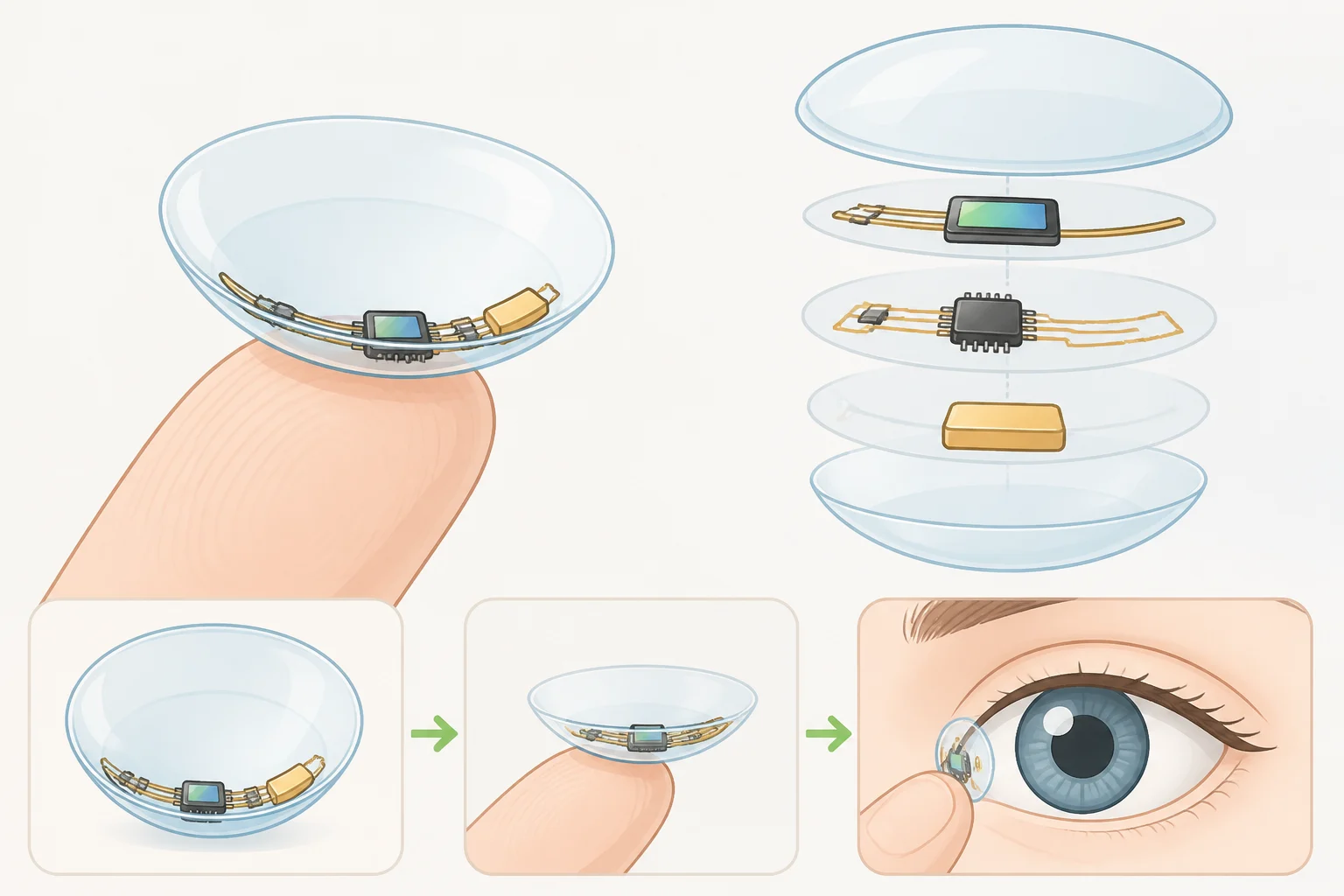 Cross-sectional view of a soft contact lens showing a micro-display, processing unit, and power source integrated at the edge of a cornea-shaped lens for smart contact lenses 2030