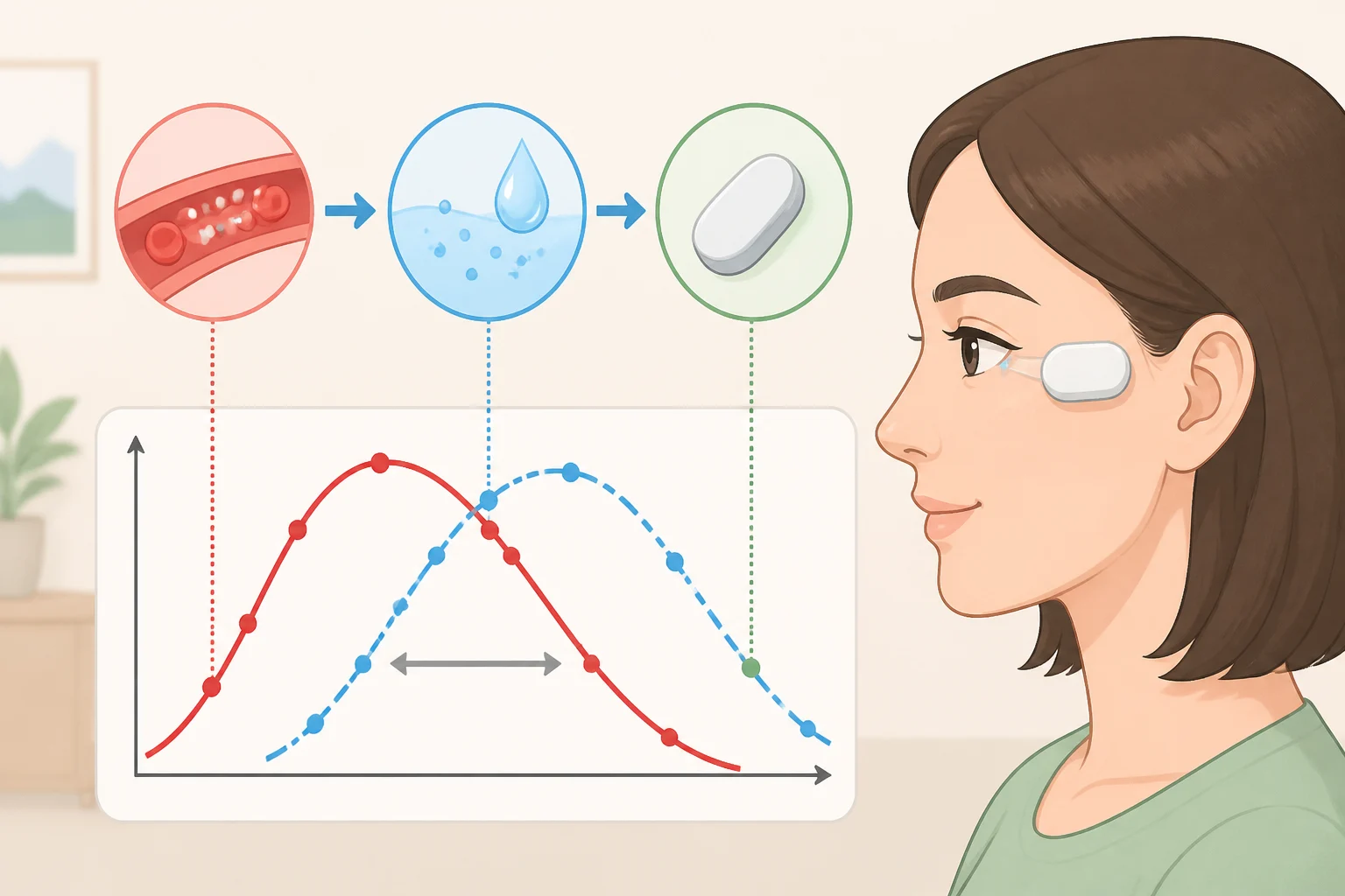 Timeline graphic showing blood glucose changes followed by a delayed tear-fluid glucose sensor reading from a contact lens