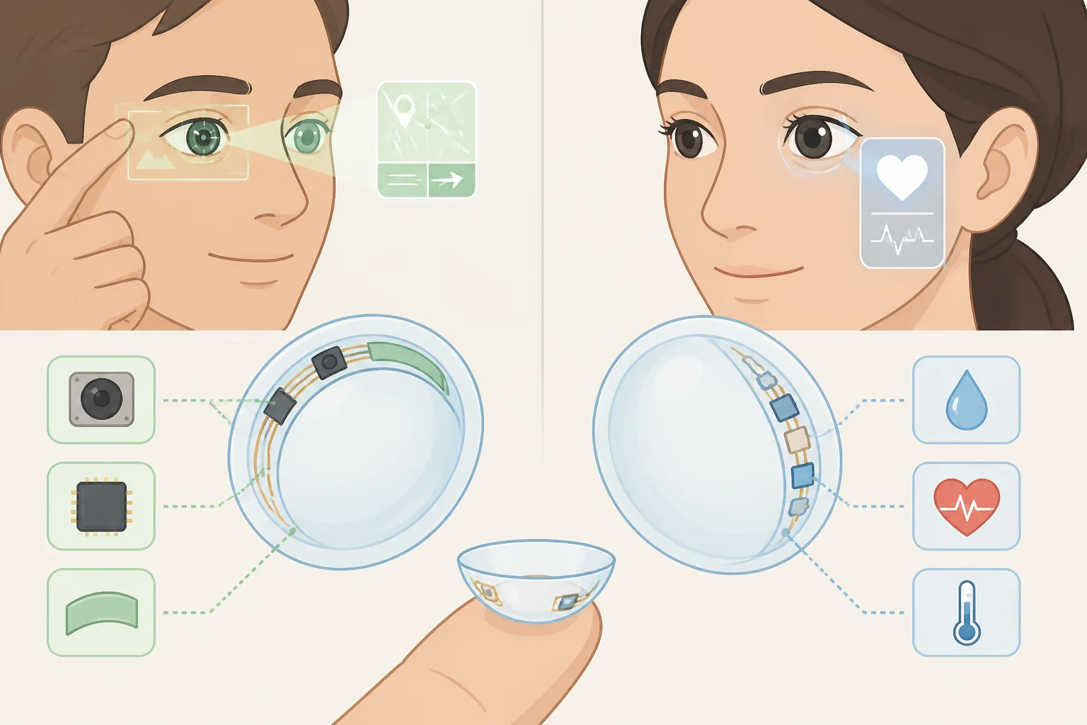 Diagram comparing an AR smart contact lens that displays text/icons and switches with eye movement versus a medical smart contact lens with tear-fluid sensors for glucose or pressure monitoring