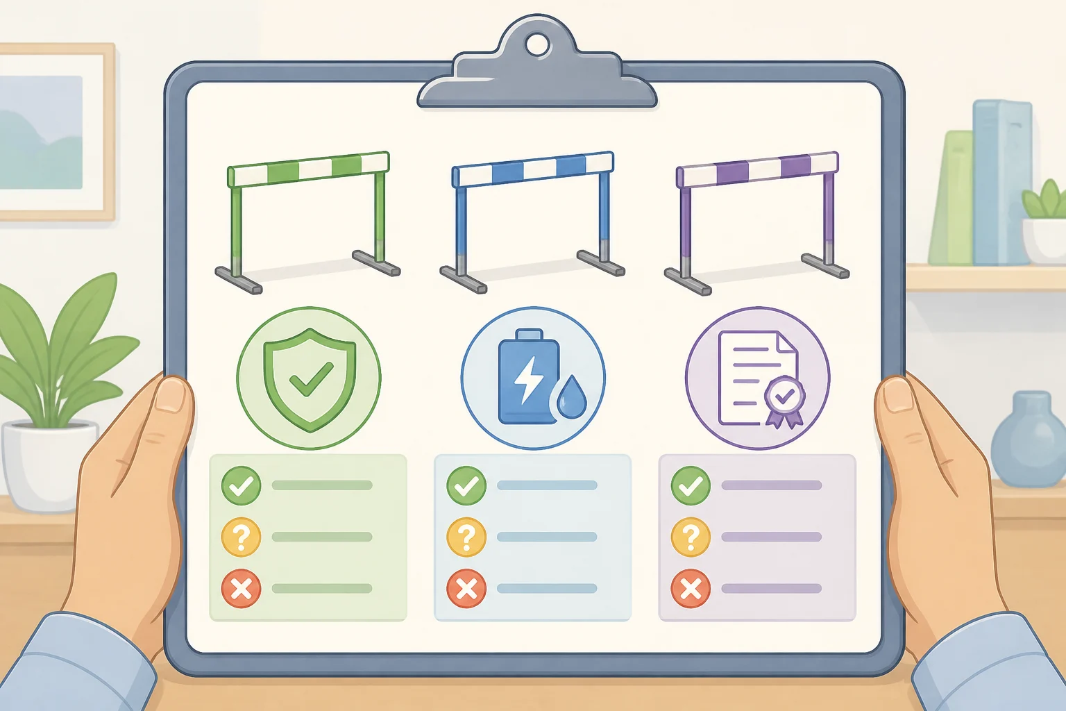 Scorecard infographic evaluating smart contact lenses 2030 against safe extended wear, validated power and cleaning for months, and documented regulatory clearance status