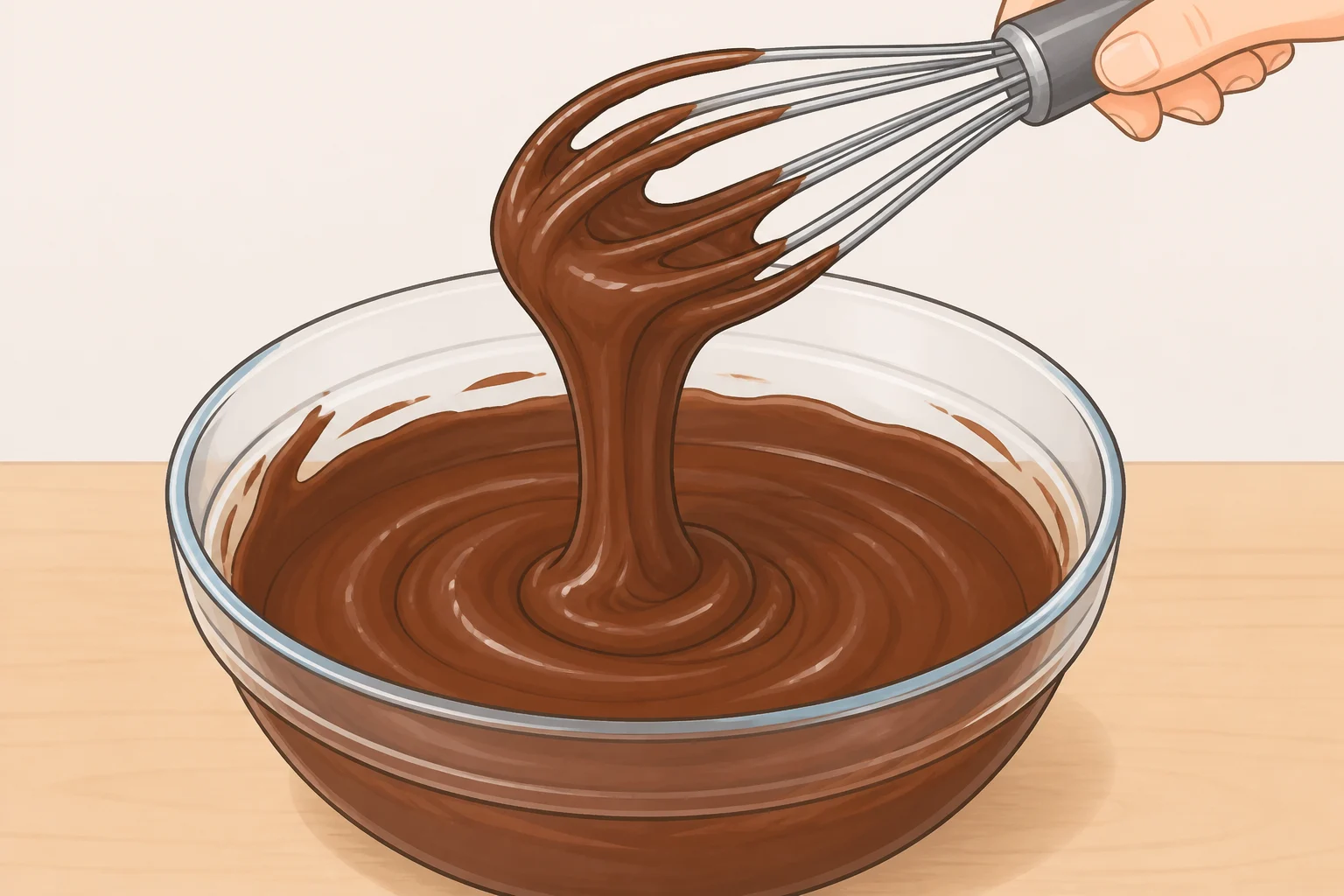 Brownie batter after mixing the melted butter and sugars with eggs, then folding in cocoa and flour until glossy and uniform, forming a thick ribbon as it falls from the whisk for a fudgy homemade cosmic brownies recipe