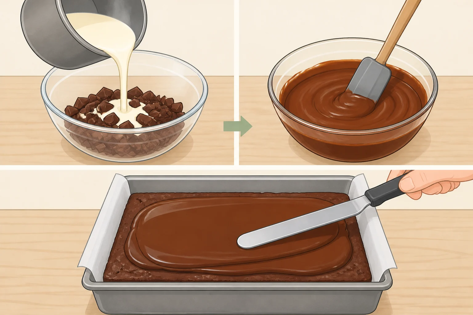 Heatproof bowl with melted chocolate and cream forming glossy ganache, then the ganache layer poured over cooled brownies and spread in an even layer