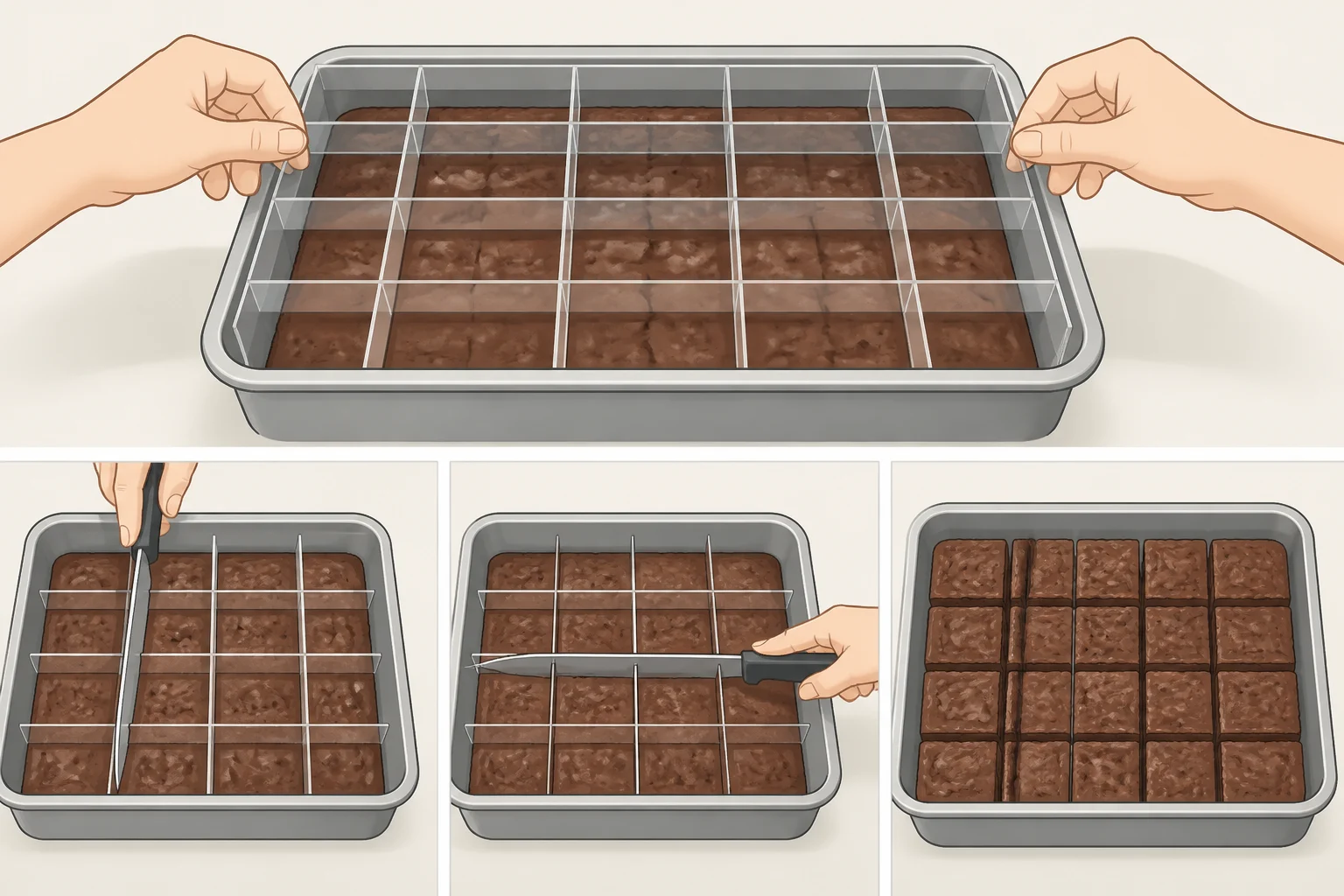 A chilled 9x13 brownie slab being cut into a 5-by-4 grid to produce 20 bars with clean slices