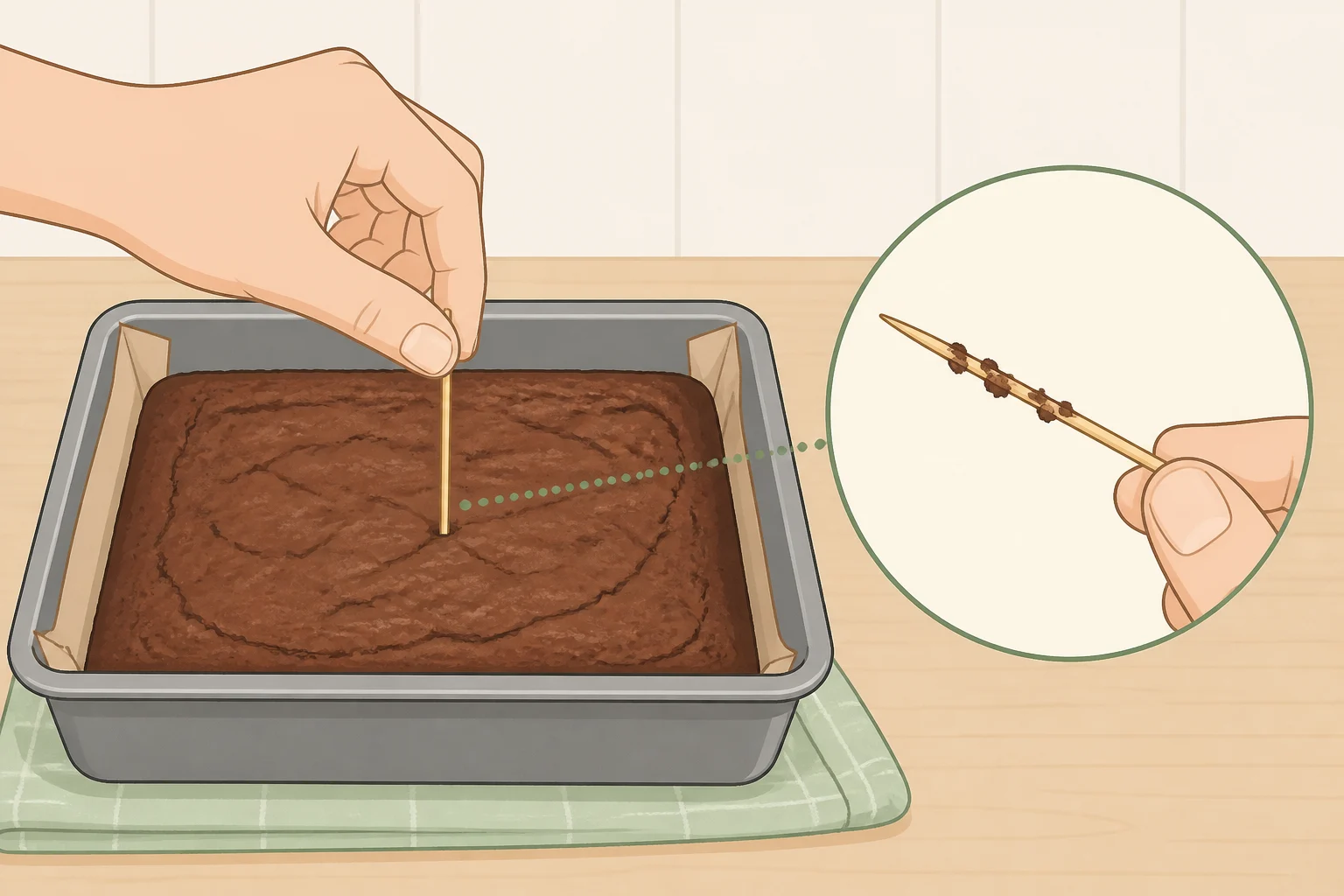 Close-up of a toothpick inserted into the center of a baking 9x13 brownie pan showing a few moist crumbs for properly baked cosmic brownies