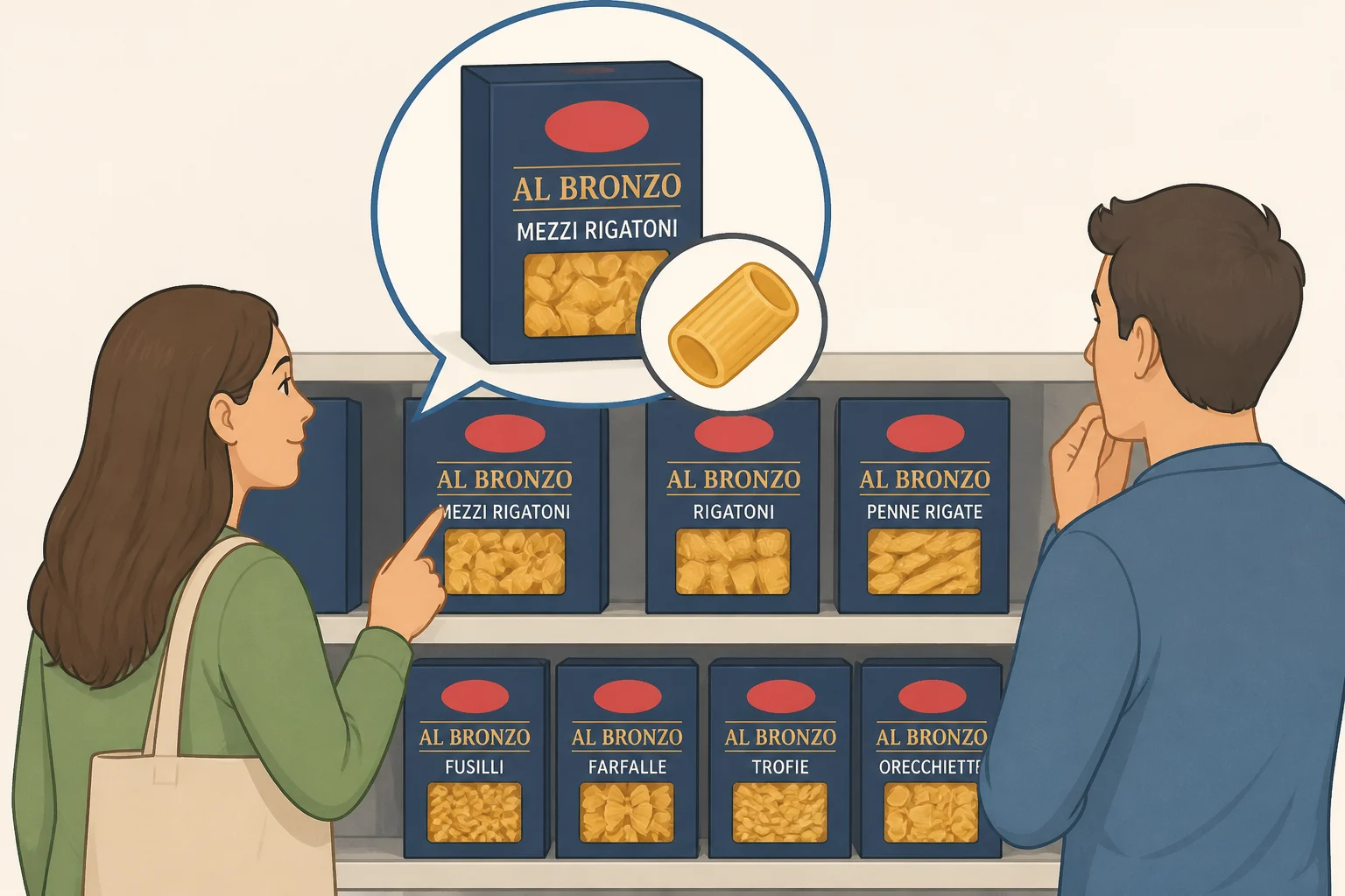 A grocery aisle photo highlighting Barilla Al Bronzo Mezzi Rigatoni and other bronze-die pasta options for finding the best pasta brands at the grocery store