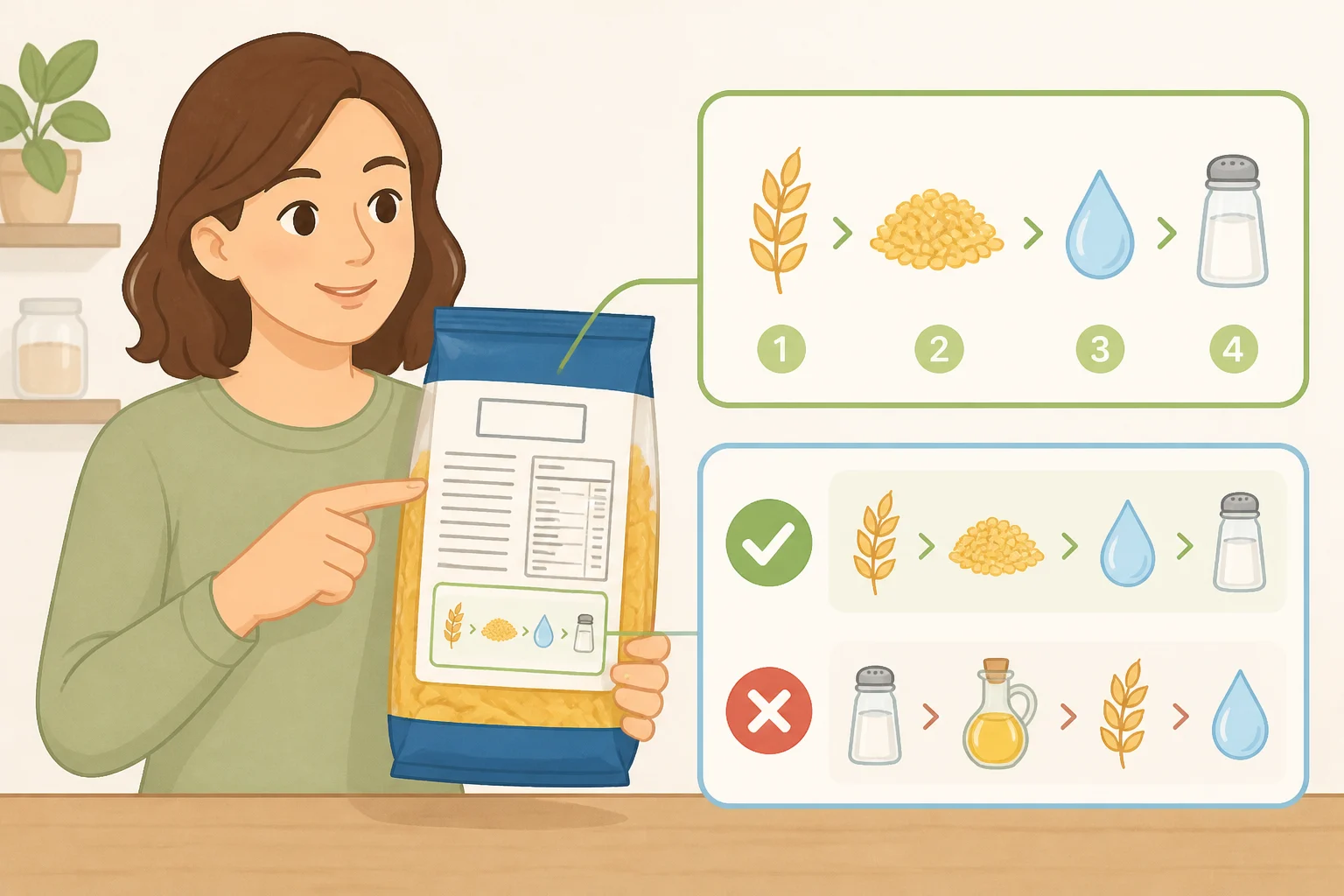 A shopping guide graphic showing where to find 'bronze-cut' or 'bronze-die' on the label and confirm '100% durum wheat and water' on the ingredient list
