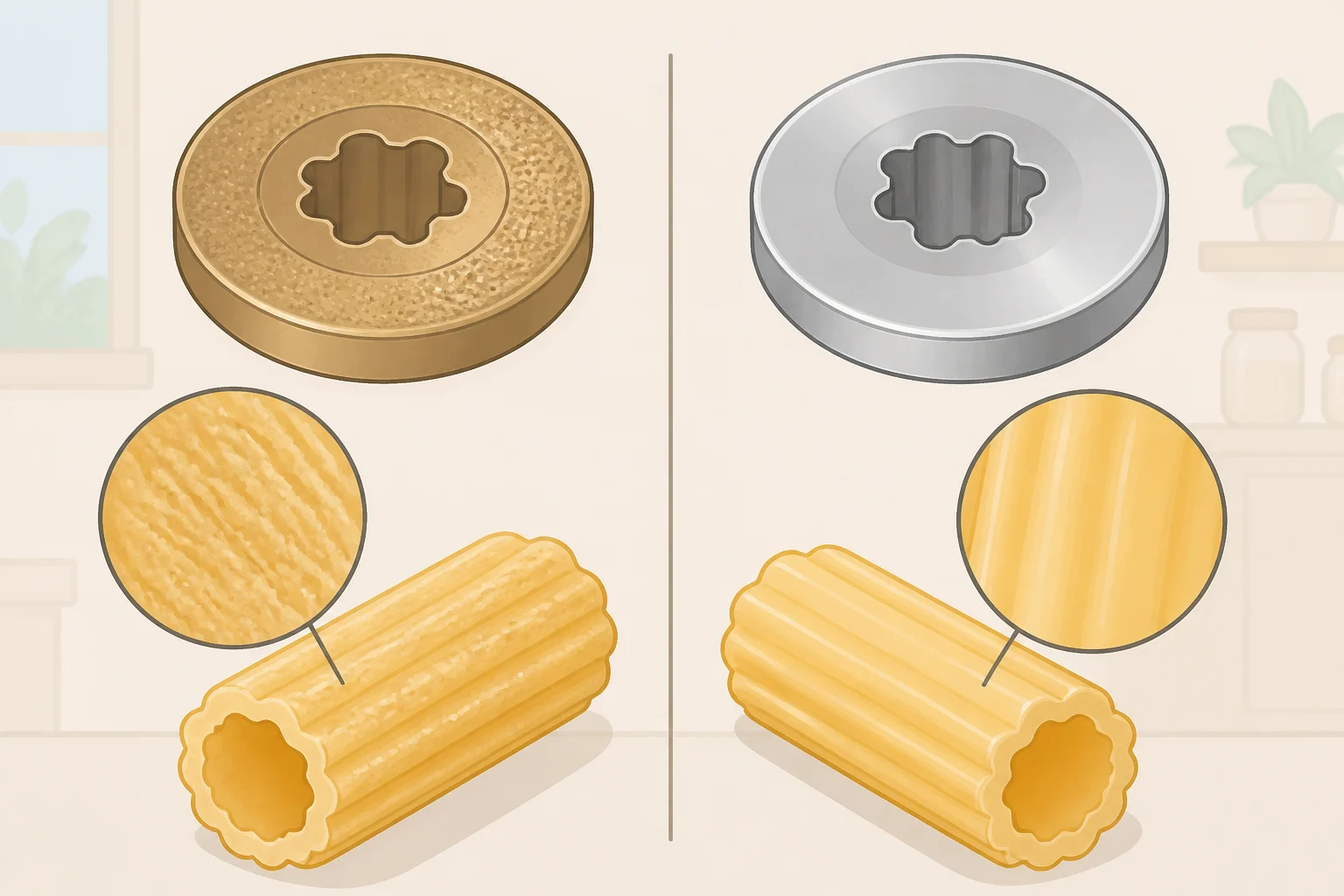 Side-by-side close-up comparison of bronze-cut pasta with a coarse matte surface versus Teflon-cut pasta with a smooth glossy surface