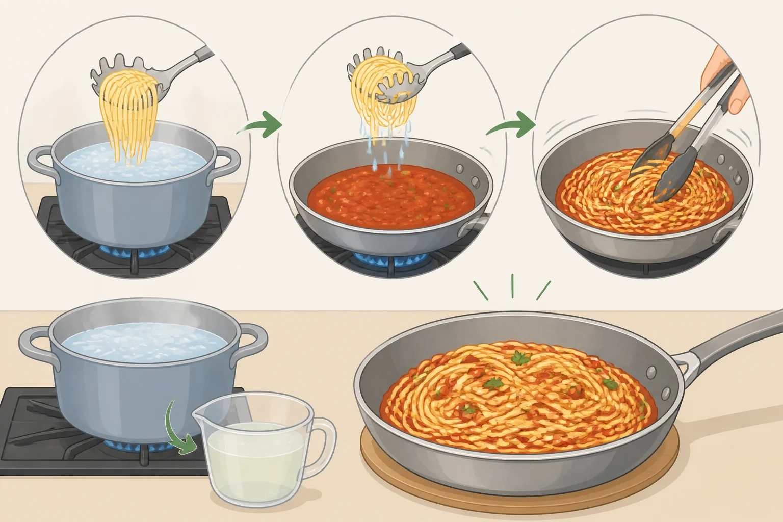 A step-by-step kitchen scene showing pasta being pulled early, then transferred directly into simmering sauce with a cup of starchy cooking water reserved