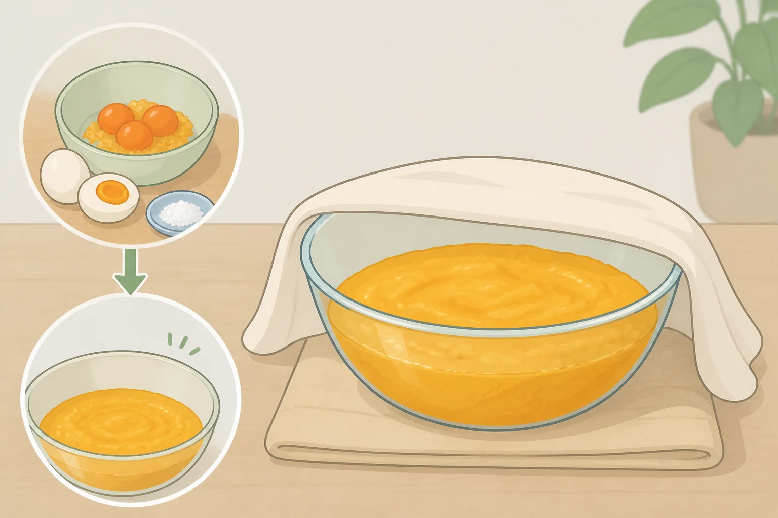 Illustration of how pre-salting eggs loosens the whites for smoother mixing and a golden, streak-free scramble, how to make creamy scrambled eggs without milk or cream using salt
