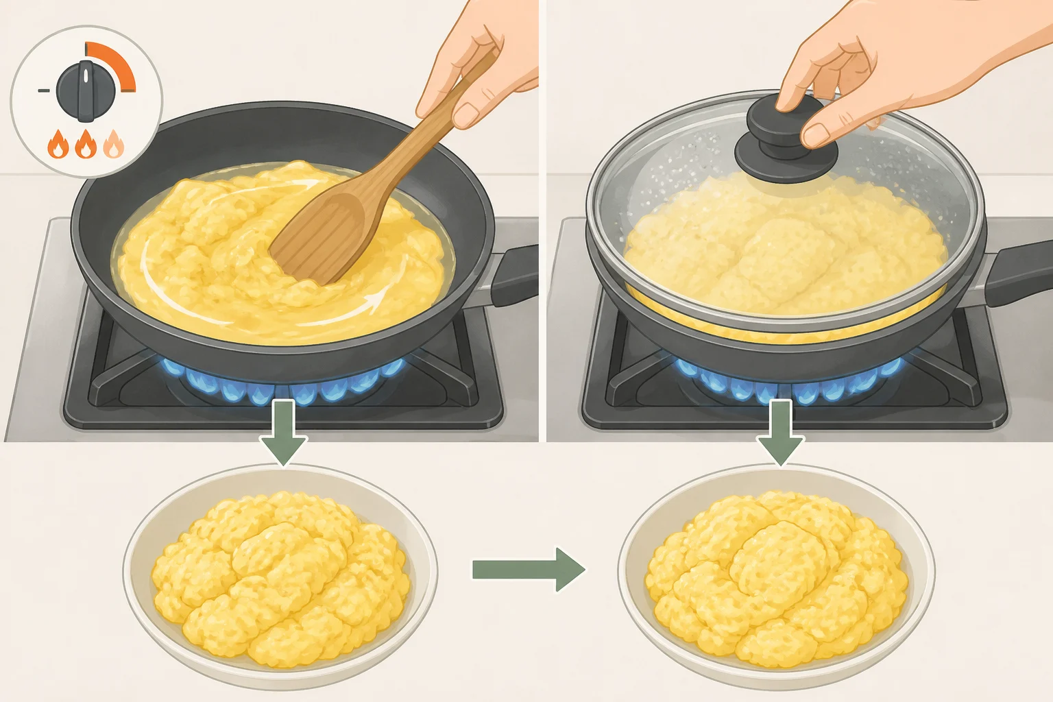 Illustration of fluffy scrambled eggs technique: eggs whisked with a measured amount of water, cooked on medium-high until they clump, then covered to complete cooking with carryover heat