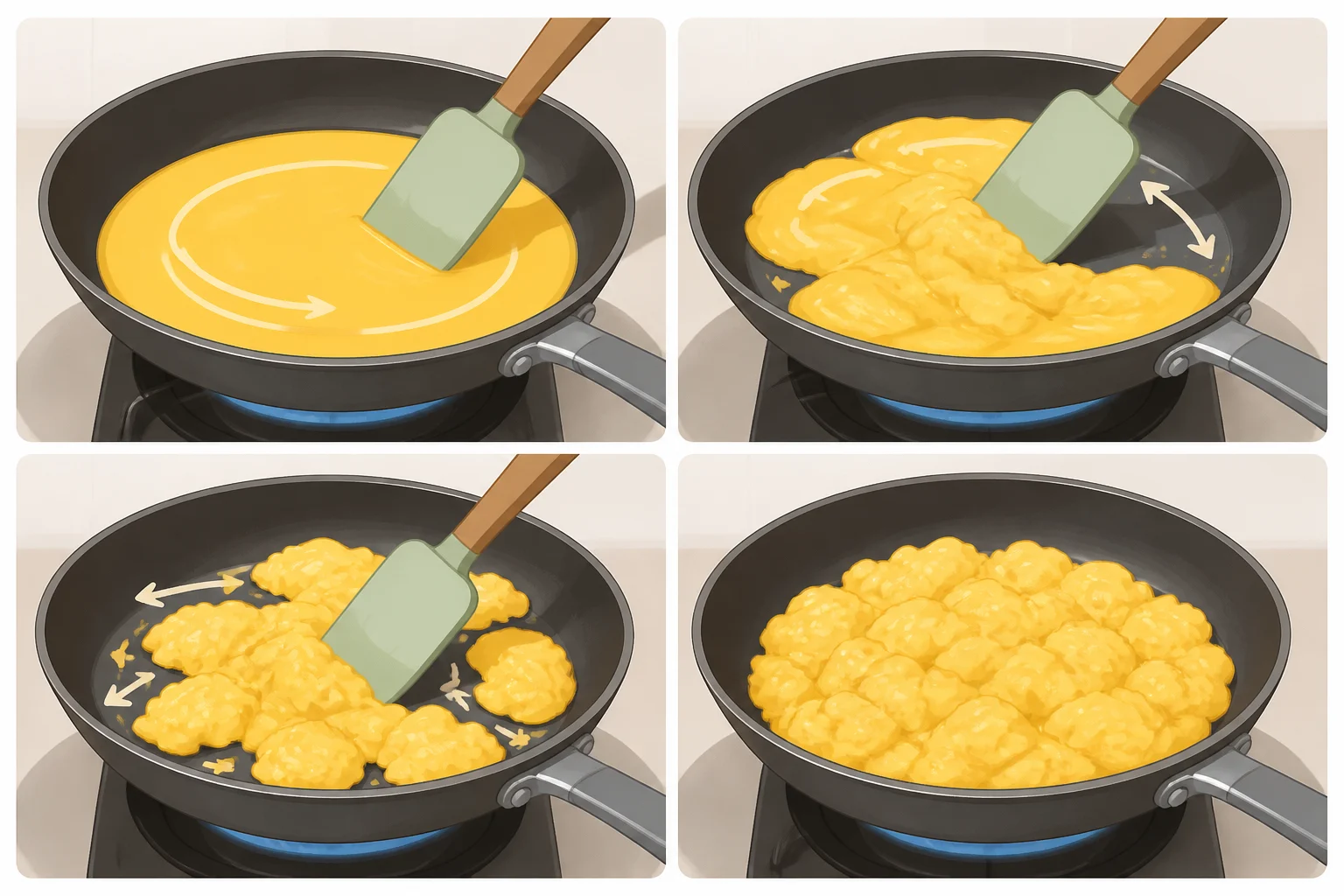 Illustration of an 8-inch nonstick skillet on low heat showing butter spread evenly and eggs being constantly stirred with a flexible spatula to create small glossy curds