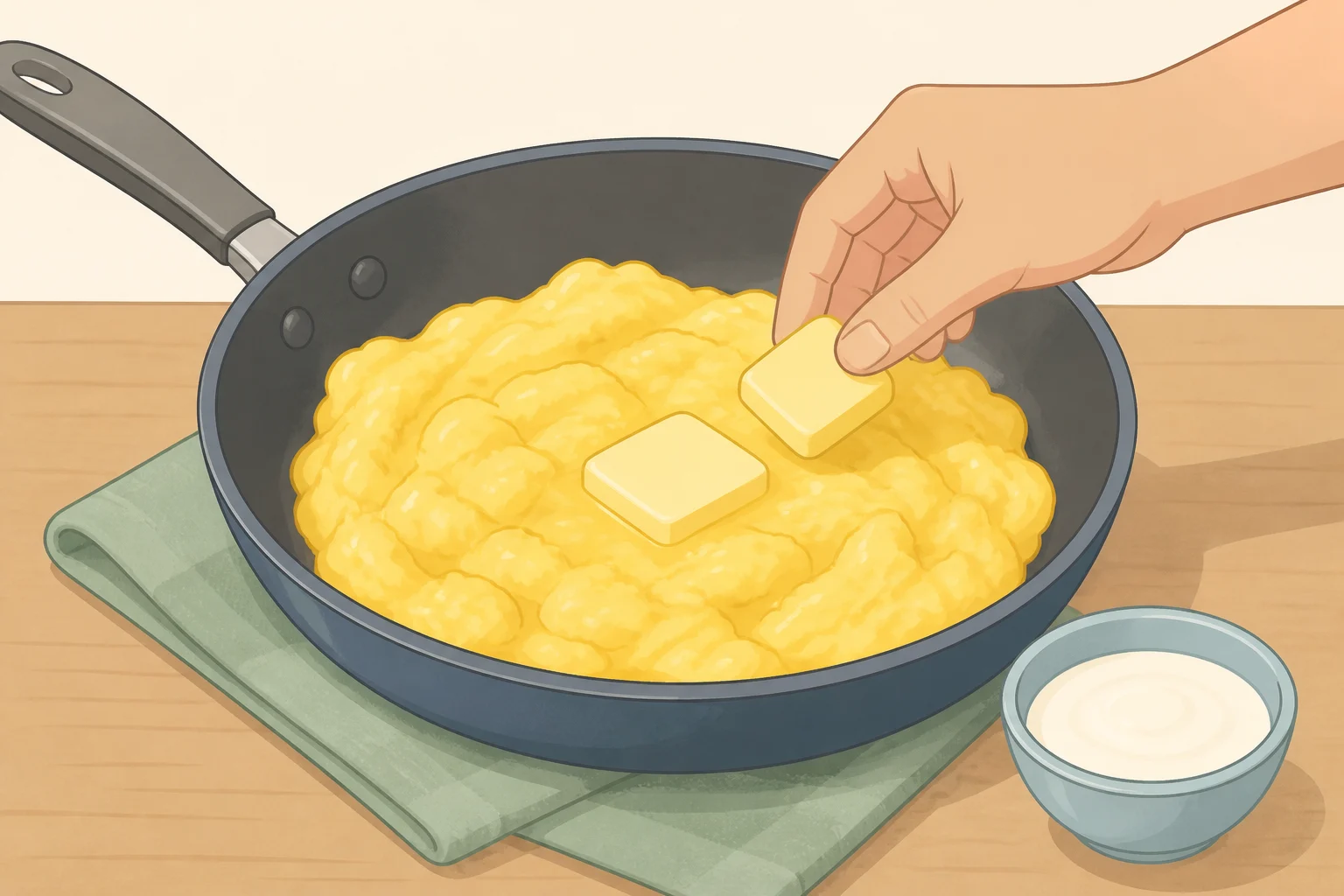 Illustration of finishing plated scrambled eggs off the heat with a small pat of butter and an optional splash of half-and-half to boost richness without changing the salt-and-timing method