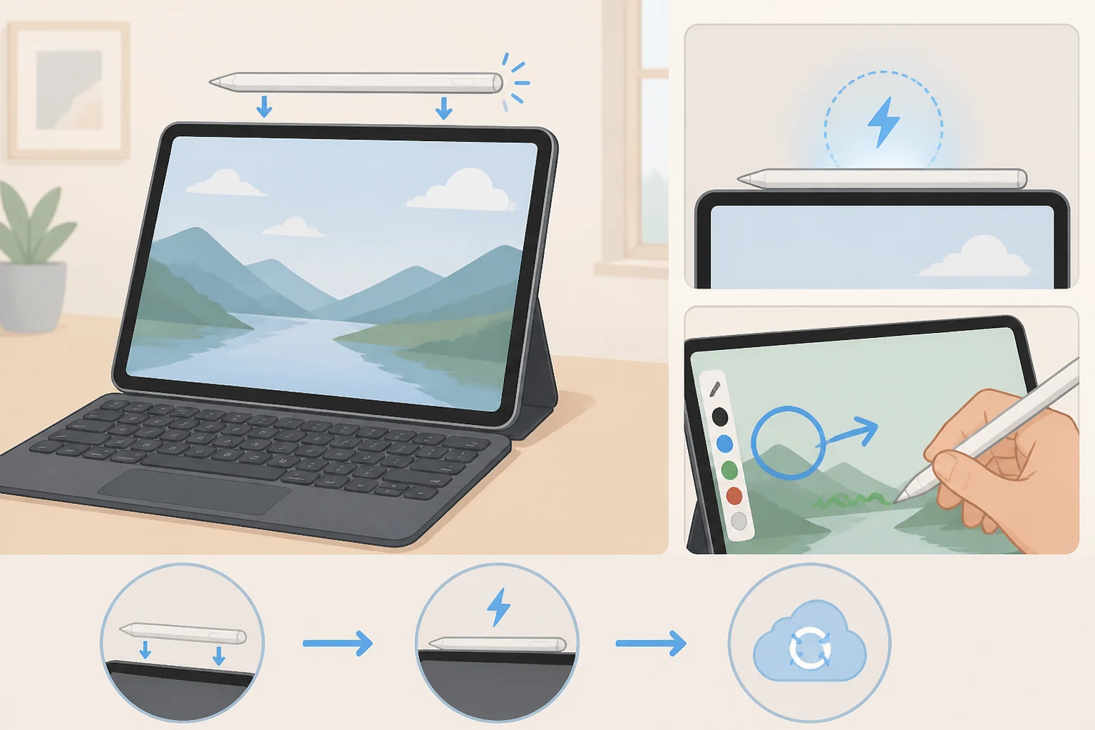 Alexa Tablet 12 Pro with the Pro Pen magnetically docked on the top edge and highlighting/underline notes syncing to the Kindle app
