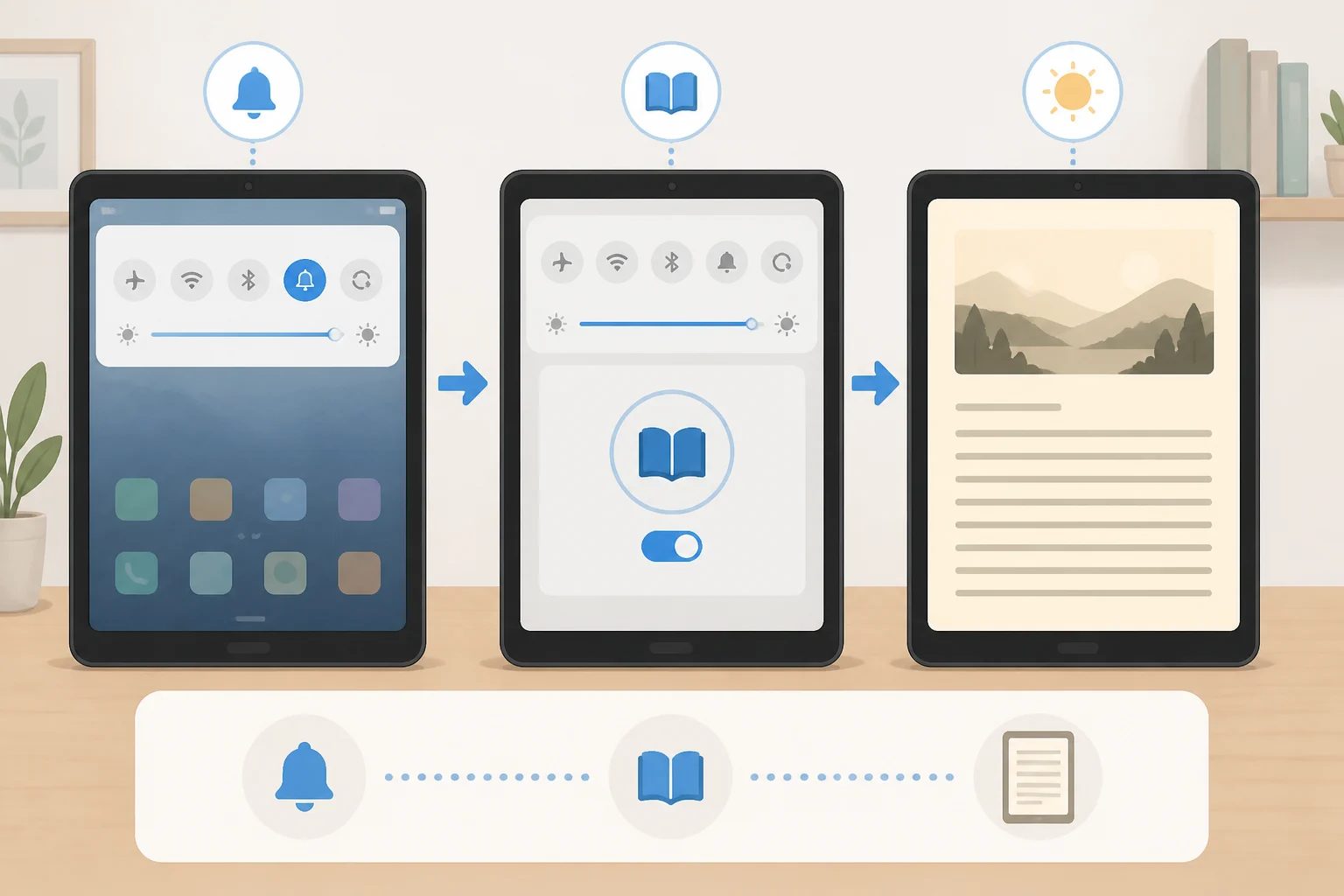 Tablet display entering Amazon Alexa tablet Kindle Mode with notifications dimmed, a warm reading theme selected, and a blue-light filter enabled