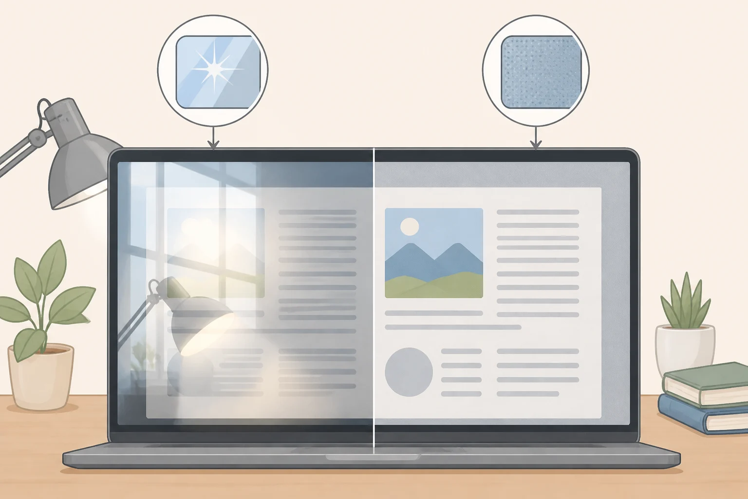 Side-by-side comparison of a glossy tablet screen versus the Alexa Tablet 12 Pro Nanomatte textured surface reducing glare while preserving color accuracy