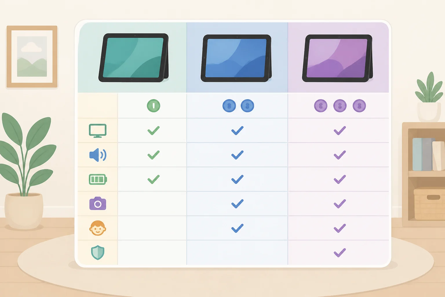 Comparison chart of Amazon Alexa Tablet 8, Tablet 11, and Alexa Tablet 12 Pro showing price differences and which model supports Nanomatte in Amazon Alexa tablet Kindle Mode context
