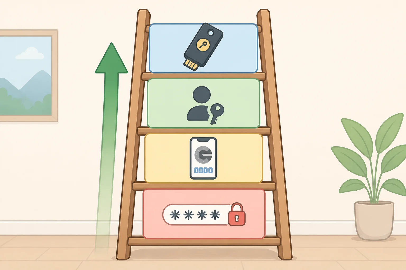 A strength ladder illustration ranking sign-in methods, from text-message codes at the bottom and authenticator app one-time codes in the middle to passkeys and hardware security keys at the top.