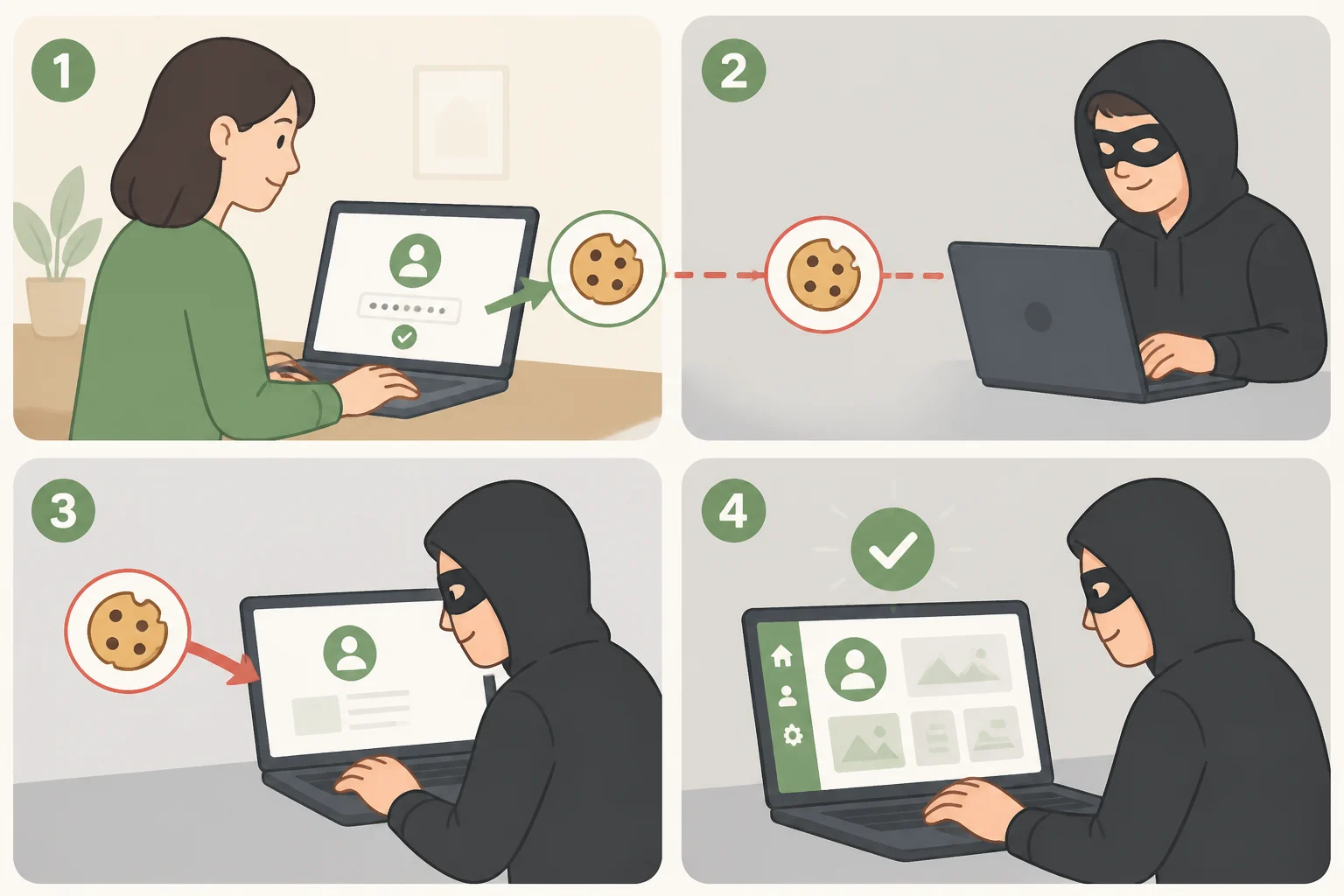 A web-session diagram showing a session cookie stored in the browser, how someone who steals the cookie can reuse it to access an account even after phishing-resistant login.