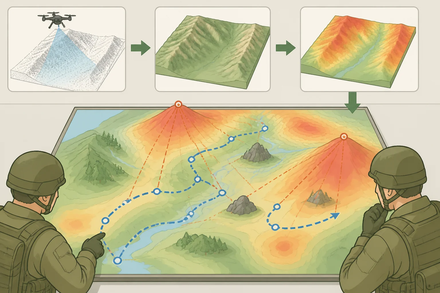 Probability map overlay showing likely troop movement routes and machine-gun fire arcs on the corrected New Georgia terrain