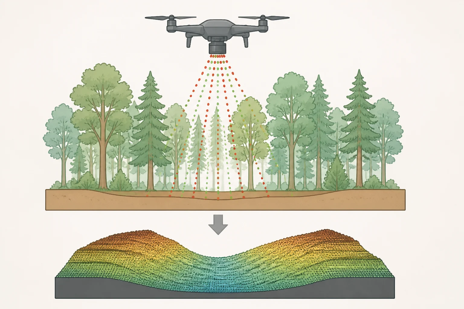 LiDAR drones uncover lost WWII battlefield: a drone sending laser pulses through dense jungle canopy to produce a bare-ground terrain model