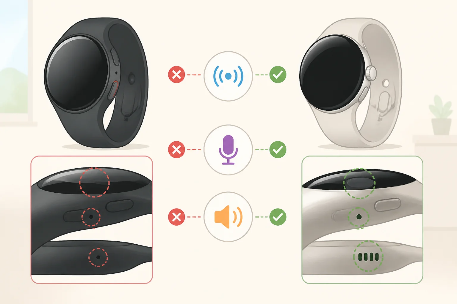Comparison visual showing Fitbit Edge lacking NFC, microphone, and speaker while Pixel Watch 5 includes those capabilities
