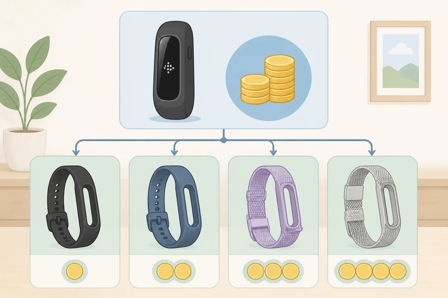 Price list for Fitbit Edge fitness tracker with Active Band, Active Sport Band, Magnet Band, Performance Loop, and Metal Links Band