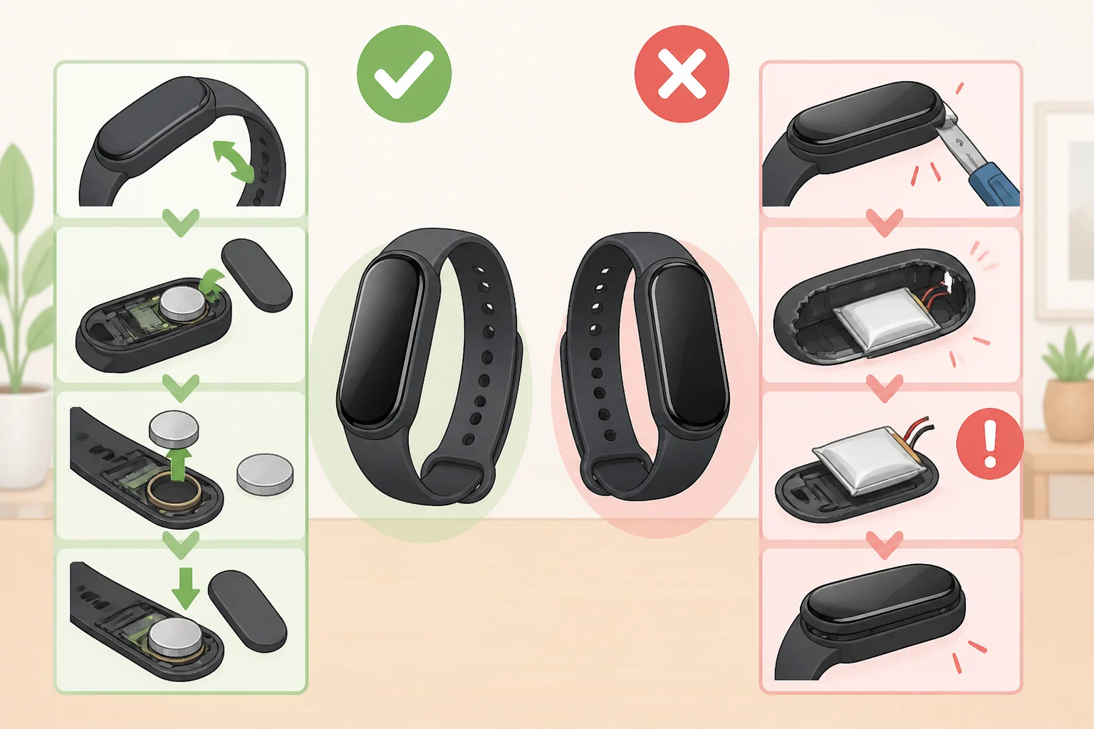 Exploded-view style illustration of the Fitbit Edge fitness tracker highlighting the replaceable battery and the device casing
