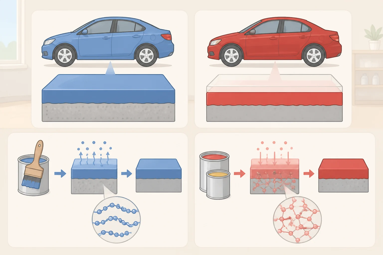 Diagram comparing 1K versus 2K curing and showing single-stage color/gloss versus basecoat plus clearcoat layering for understanding car paint labels.