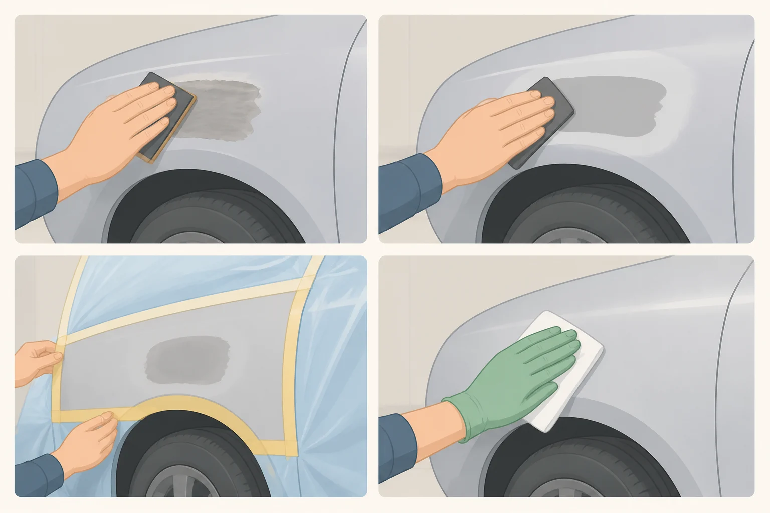 Illustration of DIY car paint prep with sanding to sound metal, feathered repair edges, careful masking of trim and glass, and degreasing before applying epoxy primer.